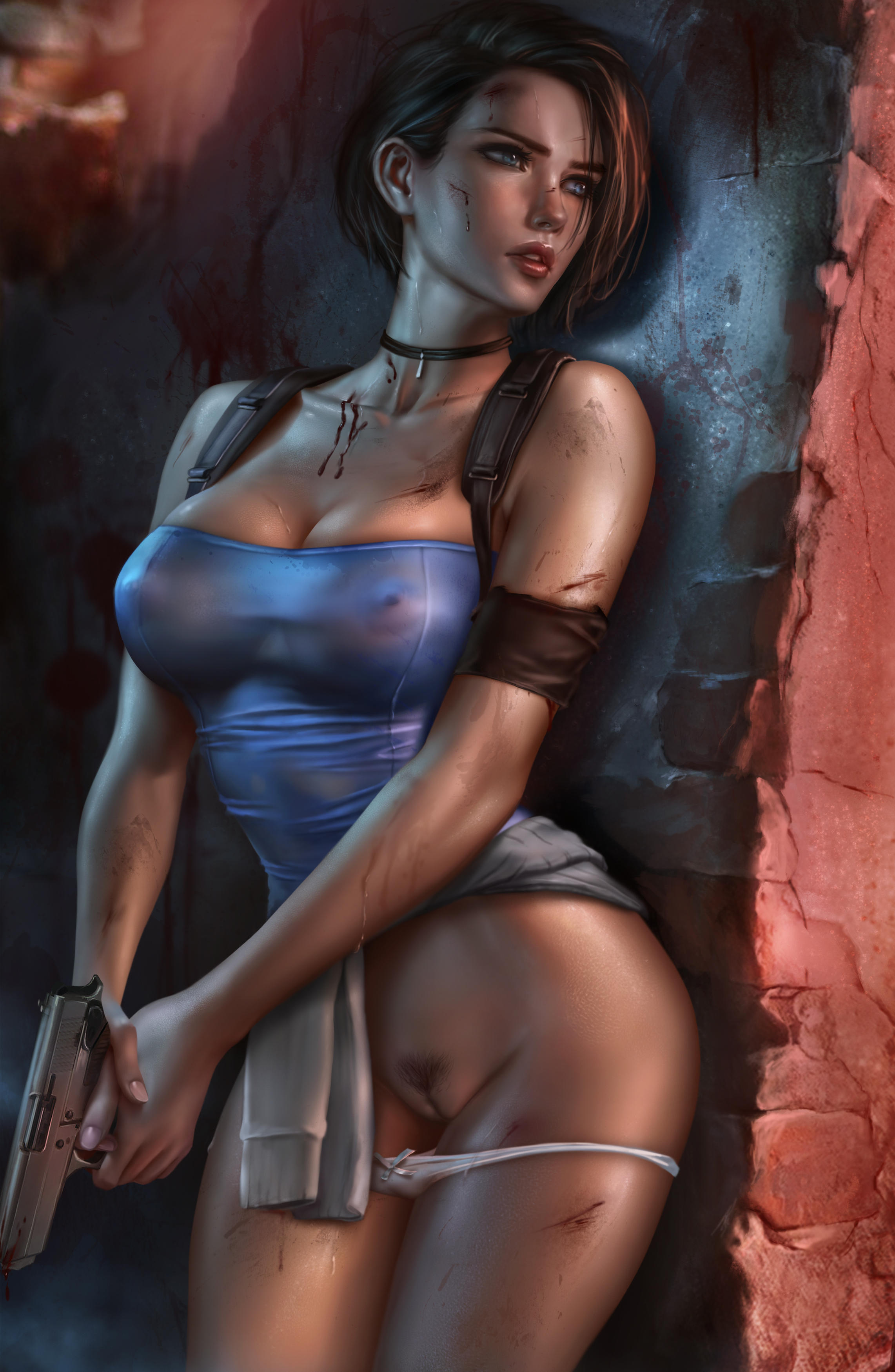 blue eyes, brown hair, bruised, bruises, brunette, cuts, dirty, female, female only, jill valentine, jill valentine (sasha zotova), logan cure, no skirt, panties, panties down, pubic hair, resident evil, resident evil 3, resident evil 3 remake, short hair, solo, sweat, trimmed pubic hair, uncensored