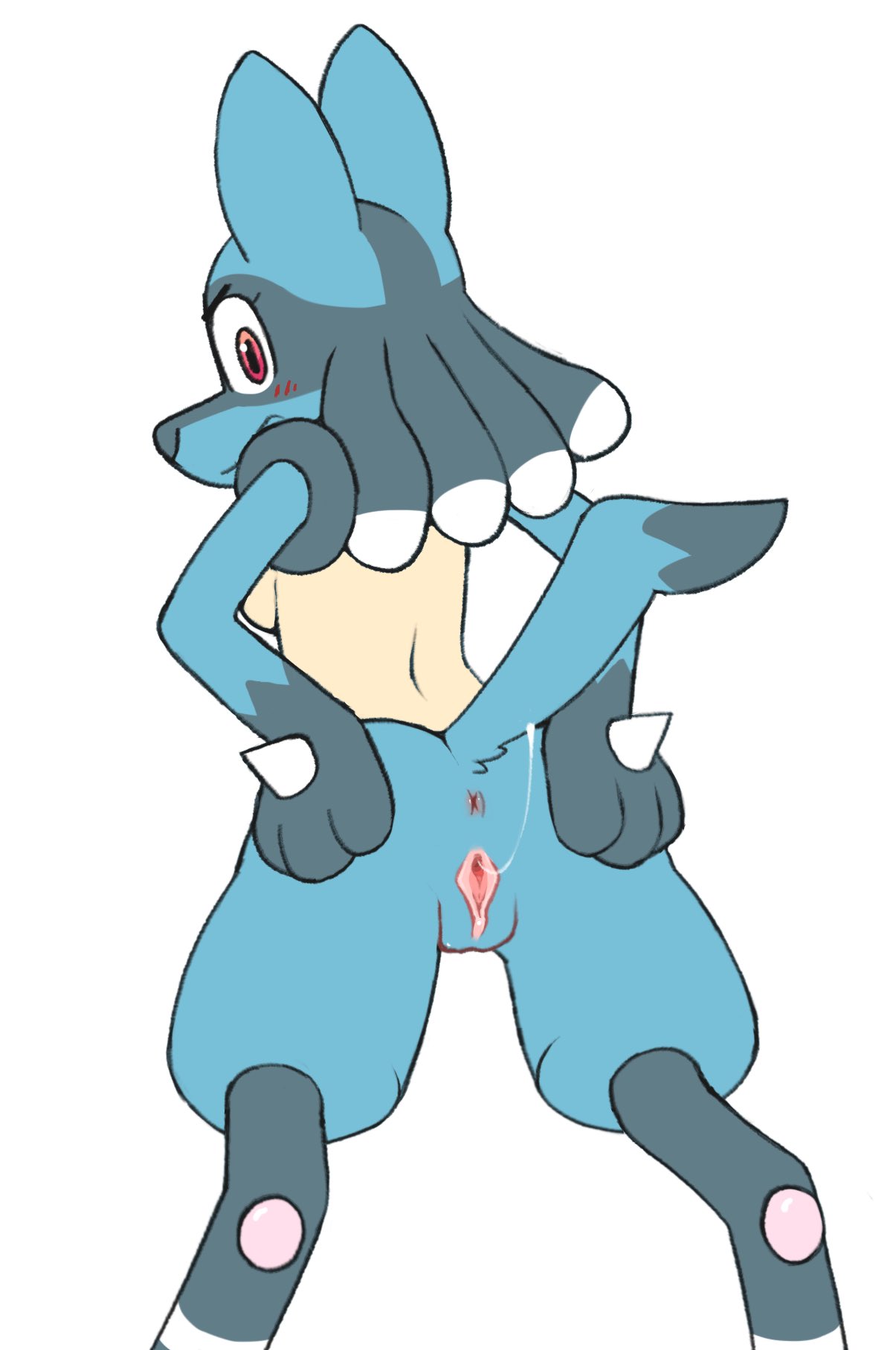 1boy 2020 anthro anus ass blue_body blue_fur blush bodily_fluids breasts canid canine digital_media_(artwork) female fur furry genital_fluids hi_res looking_at_viewer looking_back lucario mammal maypul_syrup nintendo nipples nude pokemon pokemon_(species) pokemon_dppt presenting presenting_hindquarters pussy pussy_juice pussy_juice_string rear_view red_eyes simple_background solo video_games