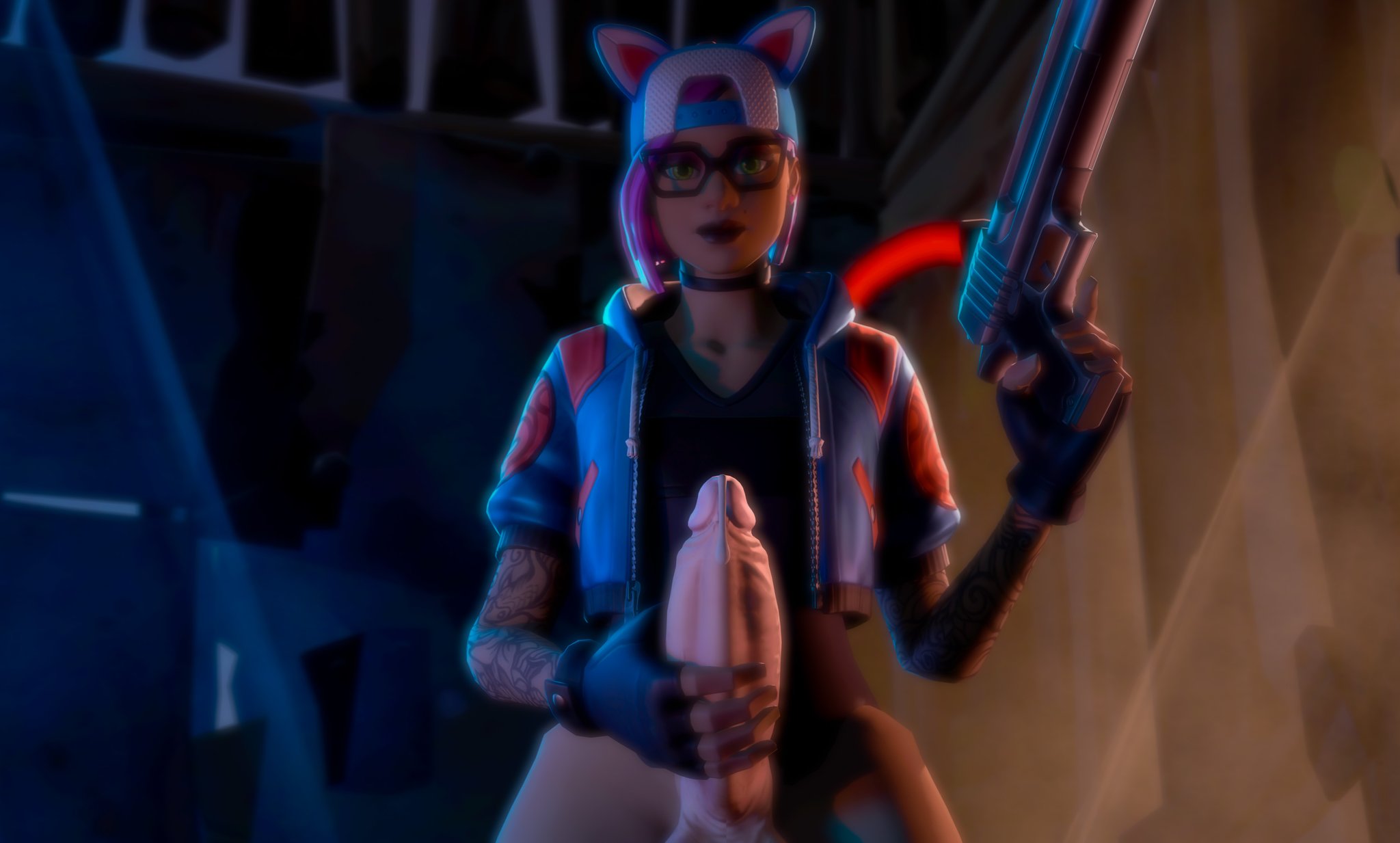 1futa, 3d, backwards baseball cap, big penis, choker, fingerless gloves, fortnite, futa only, futanari, holding gun, holding penis, holding pistol, intersex, lynx (fortnite), n3xivm, penis, pink hair, pistol, solo futa, source filmmaker, tagme, taker pov, weapon