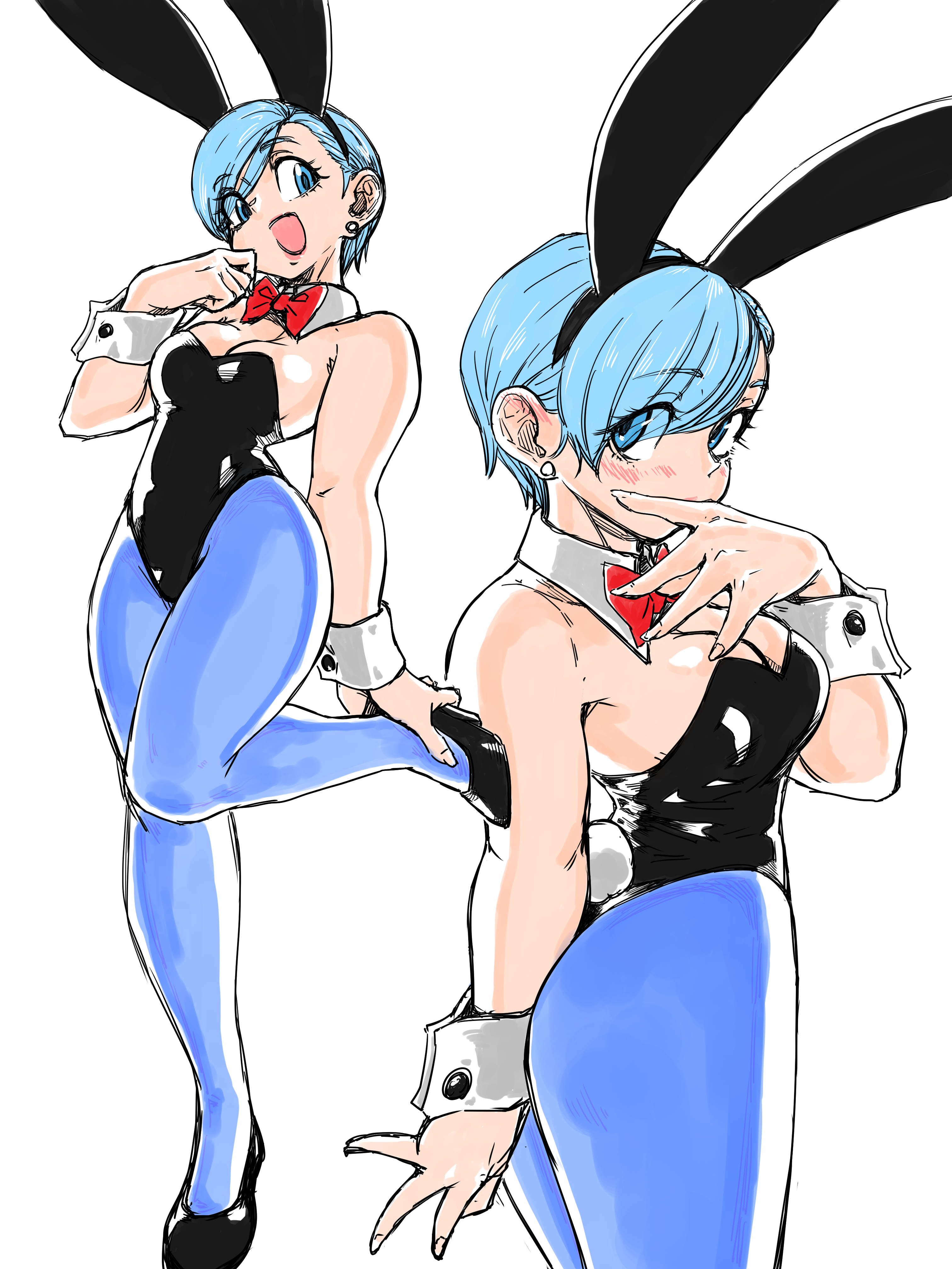 1girls, animal ears, blue eyes, breasts, bulma (bunny), bulma briefs, bunnysuit, cleavage, curvy, dragon ball, dragon ball super, fake animal ears, female, female only, high heels, leotard, short hair, solo, standing on one leg, thick lips, toshinoshin00, voluptuous, wide hips