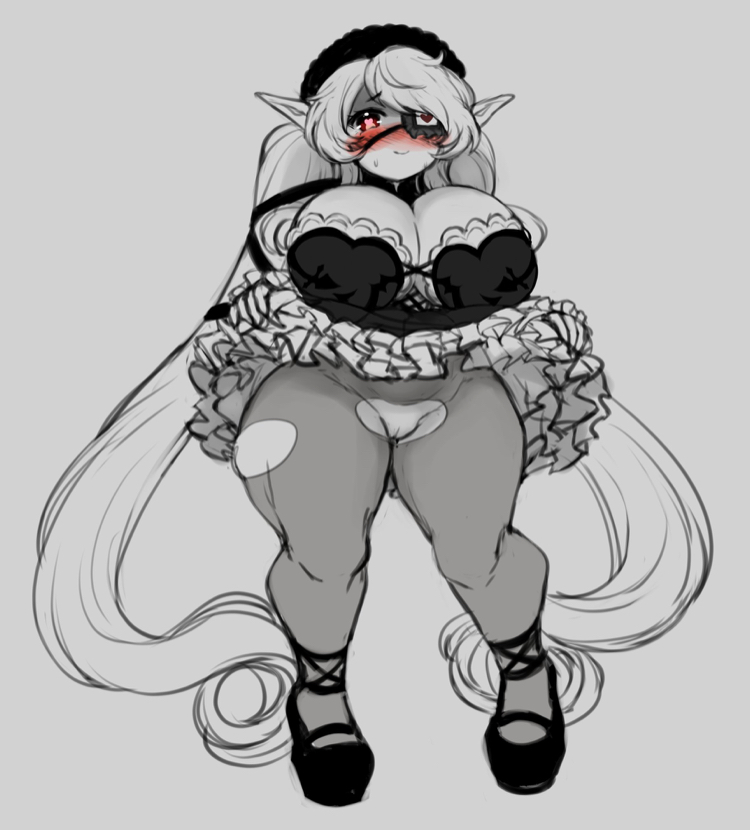 1girls, big breasts, blush, breasts, curvy, elf, eyepatch, female, female only, high heels, hips, huge breasts, jojoniumart, large breasts, looking at viewer, mochi (jojoniumart), no panties, pantyhose, pussy, shortstack, smile, solo, standing, symbol-shaped pupils, thick thighs, thighs, torn pantyhose, voluptuous, wardrobe malfunction