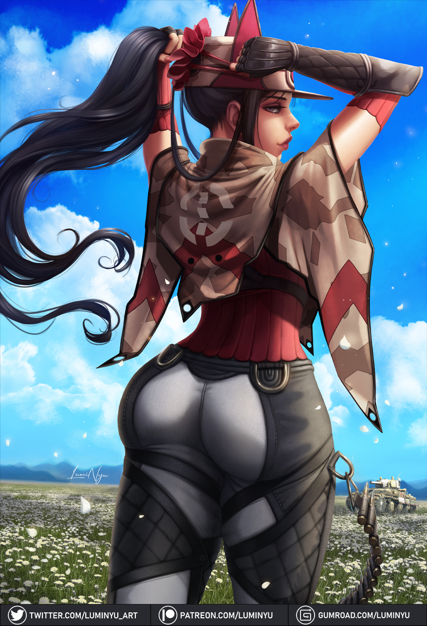 1girls, 2020, 2d, 2d (artwork), artist name, ass, back view, big ass, big butt, black hair, clothed female, clothing, dark hair, day, female, female focus, female only, fully clothed, hair, hat, human, human only, kai schulen, light skin, light-skinned female, long hair, looking at viewer, luminyu, outdoors, ponytail, questionable, sfw, solo, solo female, solo focus, tying hair, valkyria chronicles, valkyria chronicles 4, very long hair, white skin, younger female