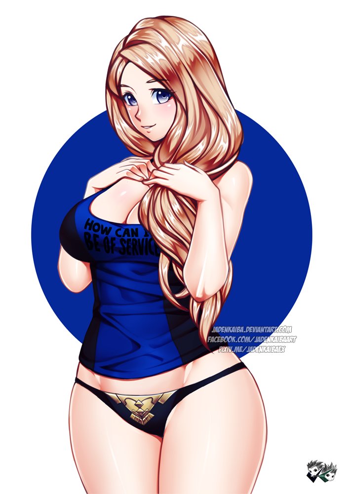 1girls, blonde hair, blue eyes, breasts, female, female focus, female only, fire emblem, fire emblem: three houses, hand on breast, jadenkaiba, long hair, looking at viewer, mercedes von martritz, no pants, panties, tank top, watermark, wide hips