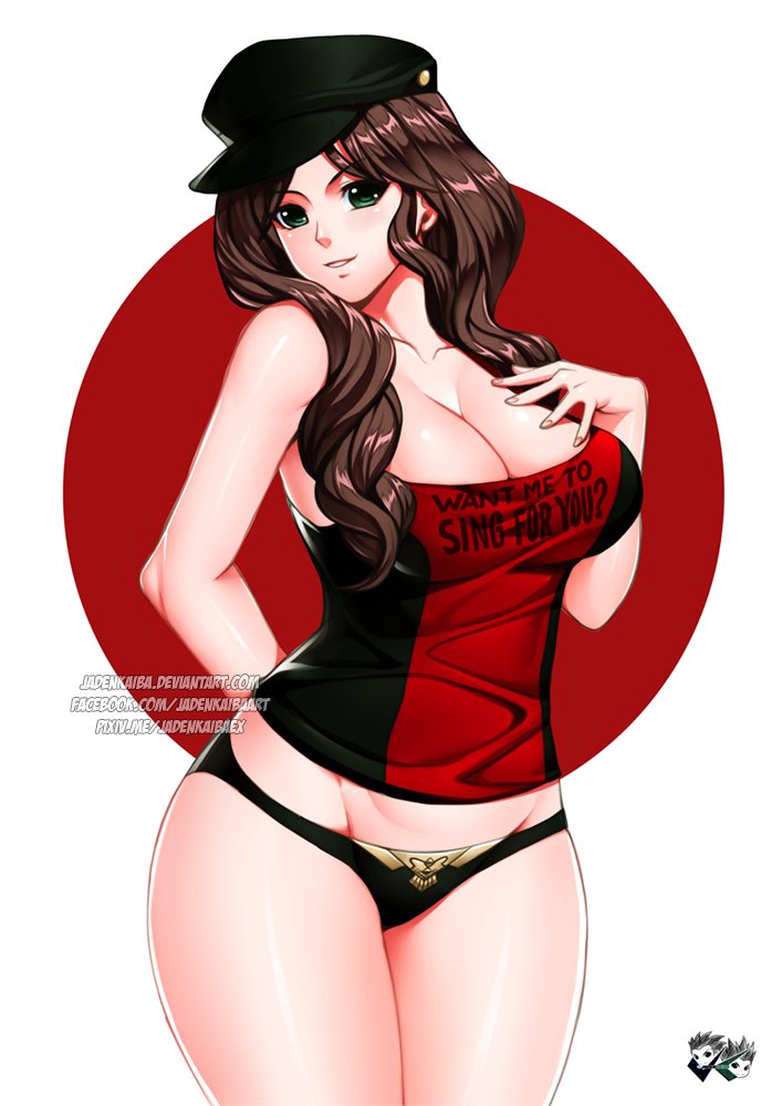 1girls, ass, ass up, breasts, brown hair, dorothea arnault, english text, female, female focus, female only, fire emblem, fire emblem: three houses, green eyes, hand on breast, hat, huge breasts, jadenkaiba, large breasts, long hair, looking at viewer, narrow shoulders, no pants, panties, solo, solo female, solo focus, tank top, text, thin arms, watermark, wide hips