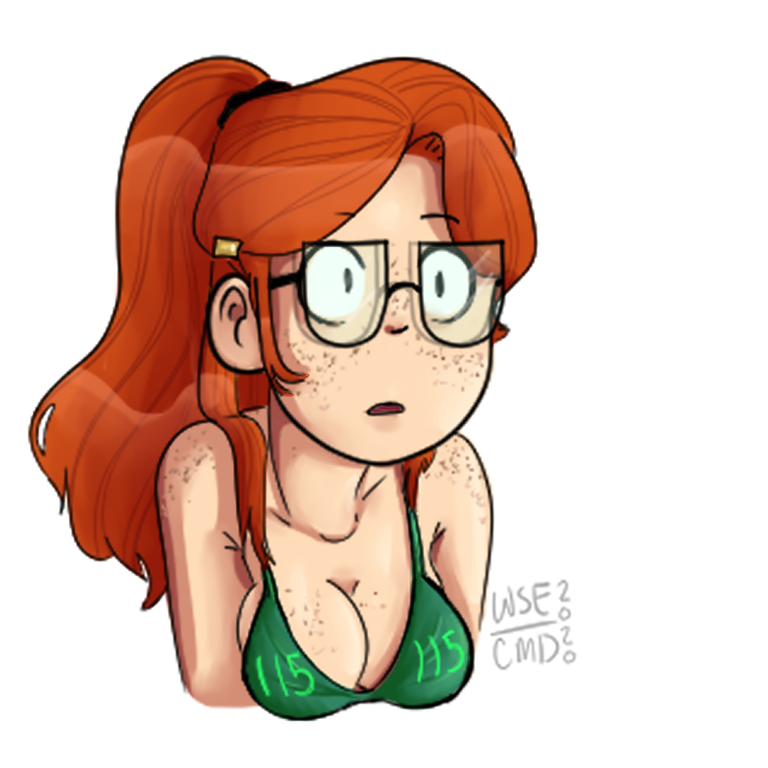 1girls, 2020, 2d, bikini, bikini top, breasts, cartoon network, cleavage, embarrassed, female, freckles, glasses, hbo max, infinity train, orange hair, red hair, solo, train, tulip olsen, white background
