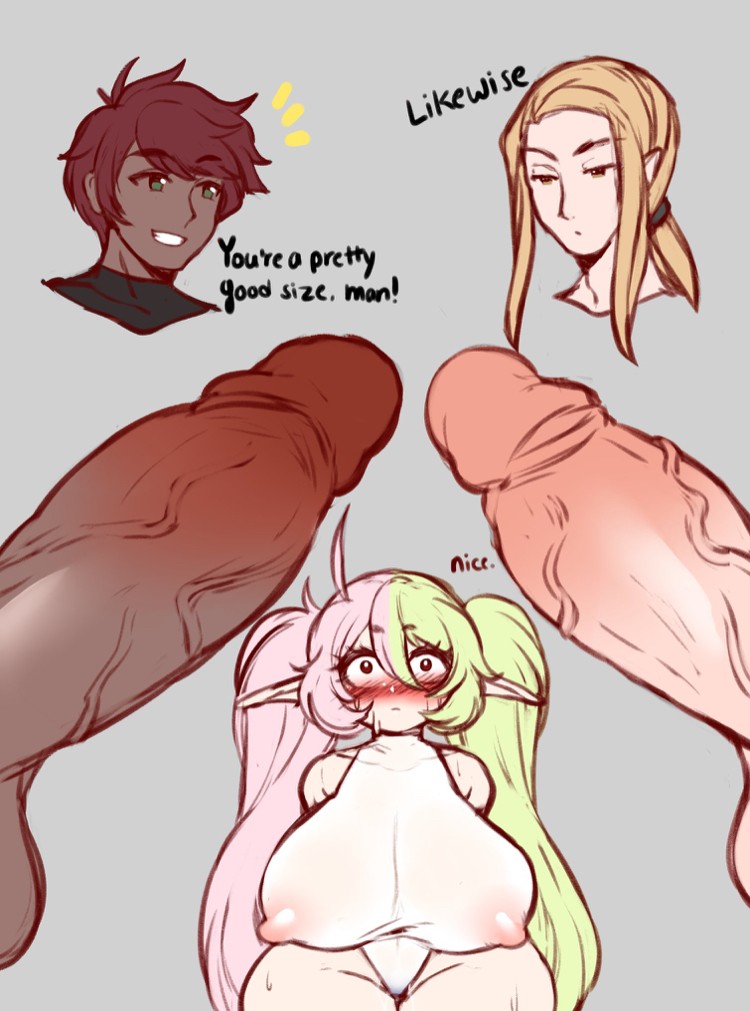 1girls, 2boys, balls, big breasts, big penis, blush, breasts, clothed, clothing, comparison, compliment, dark skin, dark-skinned male, elf, english text, erection, erik (jojoniumart), female, huge breasts, imminent sex, jojoniumart, large breasts, looking at penis, male, mochi (jojoniumart), naughty face, nipple bulge, no bra, original, original character, penis, penis awe, penis size talk, pointy ears, praise, pussy, pussy juice, seductive, simple background, size comparison, size talk, smile, text, thick thighs, uncensored, wet, wet pussy