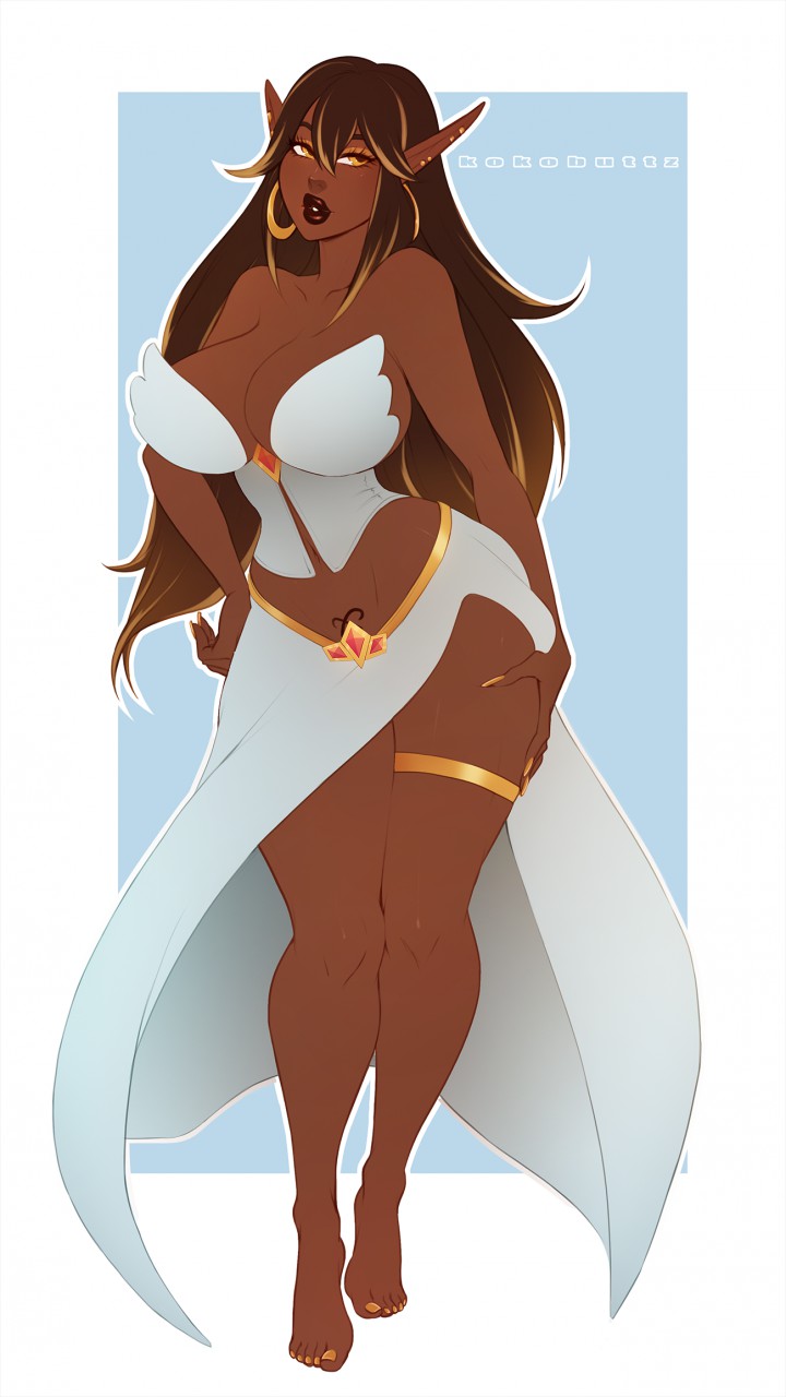 1girls, barefoot, bimbo, breasts, busty, cleavage, corset, dark skin, dark-skinned female, elf, feet, female, gold nails, highlights, hoop earrings, kokobuttz, pointy ears, skimpy dress, voluptuous