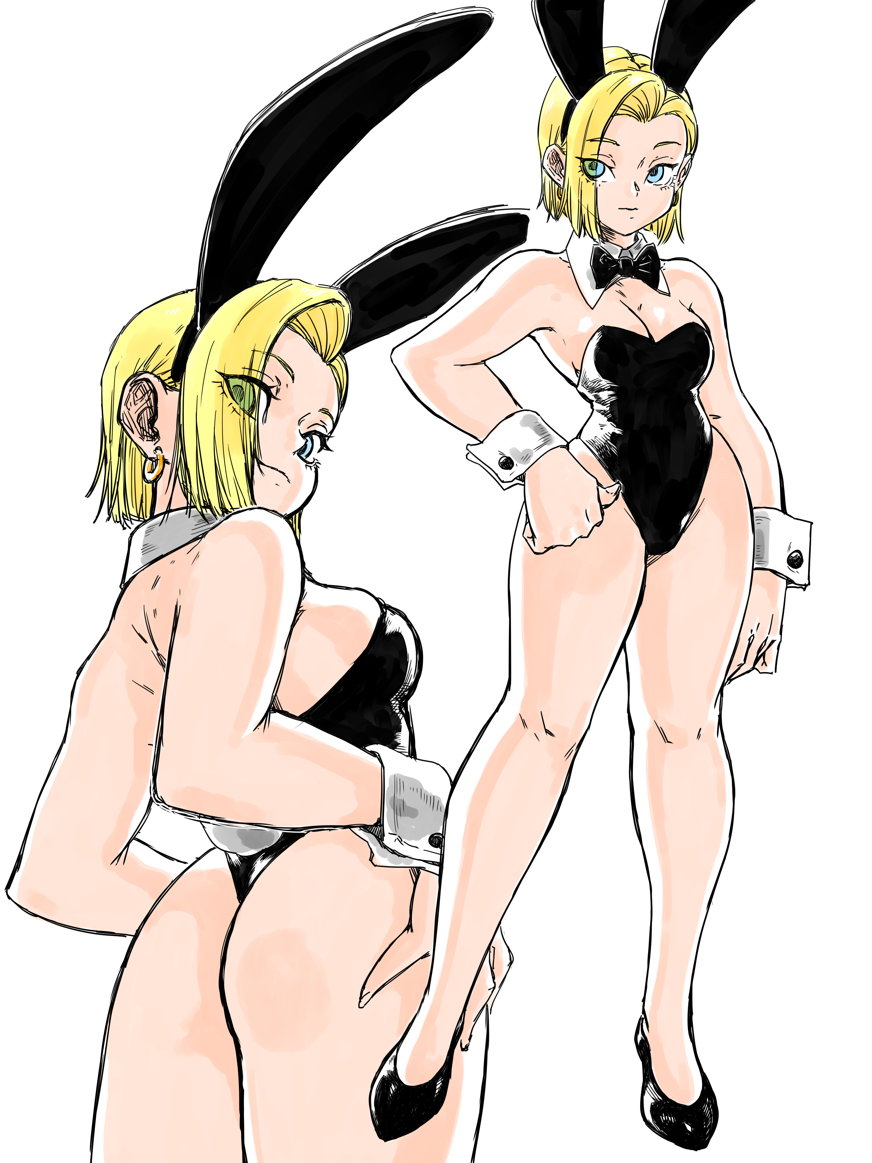 1girls, android 18, animal ears, ass, blonde hair, blue eyes, breasts, bunnysuit, cleavage, curvy, dragon ball, dragon ball z, fake animal ears, female, female only, full body, high heels, leotard, short hair, solo, standing, toshinoshin00, uncensored, voluptuous, wide hips