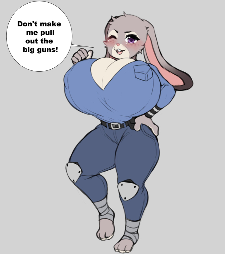 1girls, anthro, big breasts, blush, breasts, cleavage, clothing, disney, english text, female, female only, floppy ears, furry, huge breasts, hyper, jojoniumart, judy hopps, large breasts, looking at viewer, one leg up, police, purple eyes, rabbit, simple background, solo, standing, text, wink, zootopia