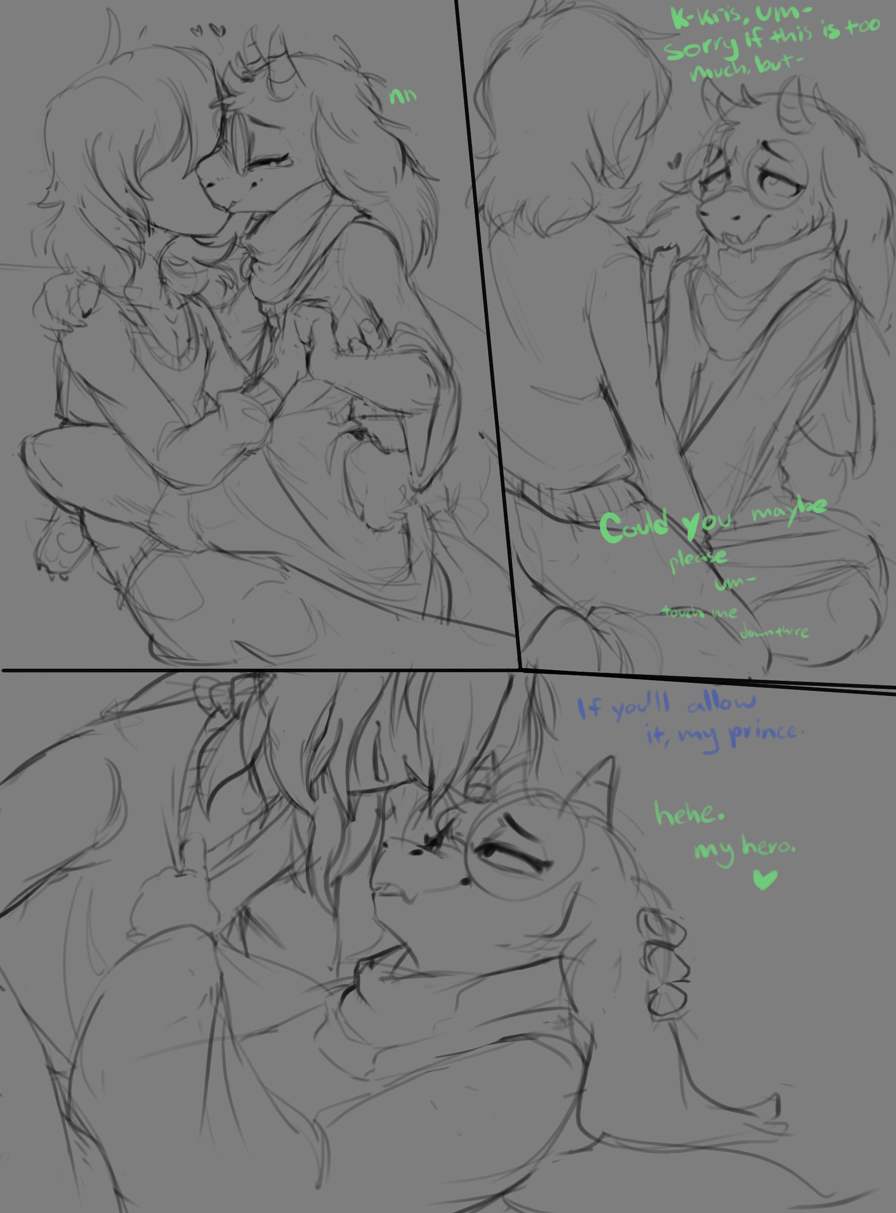 2018, 2boys, 2d, anthro, anthro male, blush, breasts, caprine, clothed, clothing, comic, consensual, consent, cuddling, deltarune, dialogue, digital media (artwork), duo, embrace, english text, eyewear, fingers, floppy ears, fully clothed, fur, furry, furry male, glasses, goat, grin, hair, holding partner, horn, human, jacket, jeans, kissing, kris (deltarune), looking away, male, male only, male/male, mammal, middry, monster, multiple boys, multiple males, open mouth, open smile, paws, ralsei, reclining, robe, romantic, romantic couple, scarf, shirt, shoes, sitting, sitting on lap, smile, snout, text, undertale (series), url, video games, yellow sclera