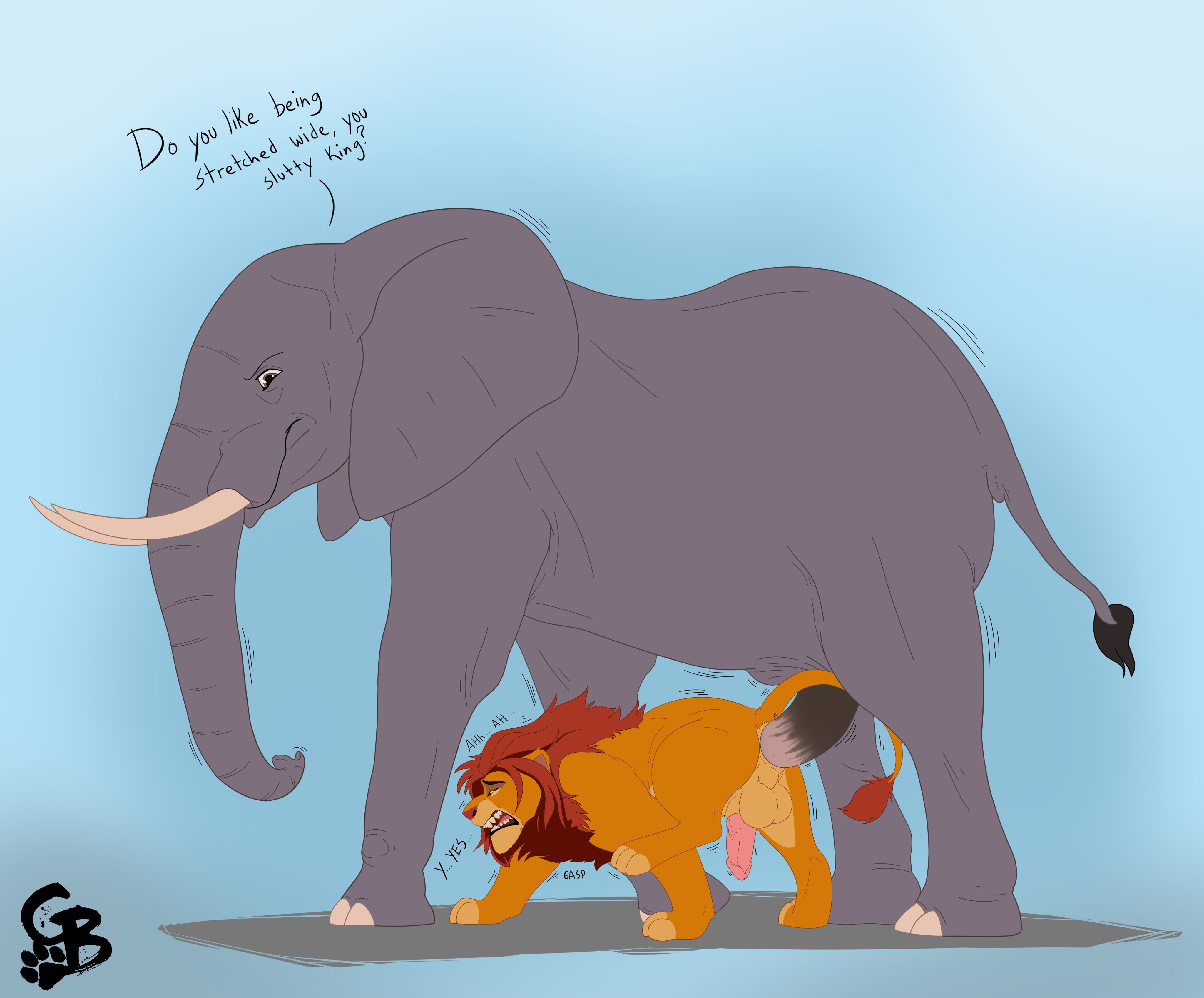 anal, anal sex, disney, elephant, feline, feral, gay, goldeyboi, interspecies, large insertion, lion, male, penetration, penis, predator, predator prey relations, predator prey reversal, predator/prey, sex, size difference, wince, wincing