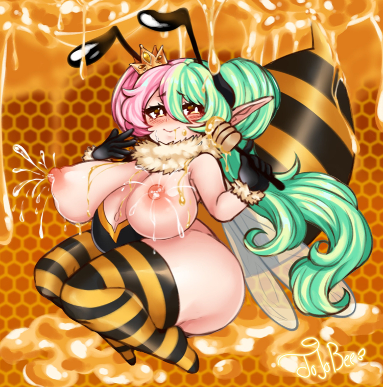 1girls, areolae, ass, bee, belly, big breasts, blush, breasts, busty, crown, elf, female, female only, honey, honeycomb background, huge breasts, jojoniumart, lactating, lactation, large breasts, long hair, looking at viewer, milk, mochi (jojoniumart), nipples, pointy ears, pregnant, smile, solo, stockings, striped legwear, thick thighs, thighs