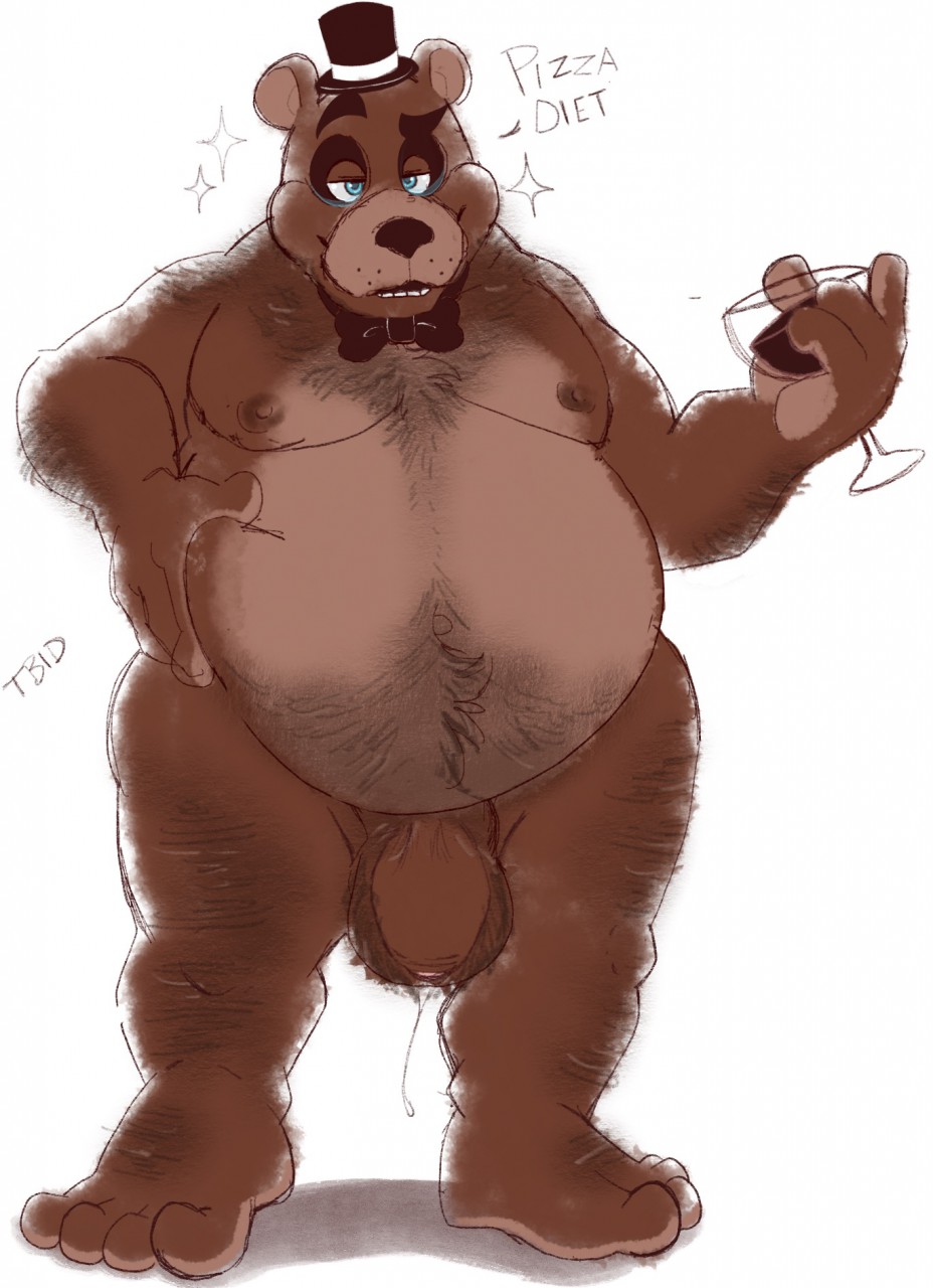 2018 anthro ball_hair balls belly belly_grab big_belly biped blue_eyes bodily_fluids body_hair bow_tie brown_body brown_fur celestial chest_hair clothing dialogue digital_media_(artwork) english_text five_nights_at_freddy's foreskin freddy_(fnaf) fur genital_fluids genitals hairy hat headgear headwear hi_res humanoid_penis male male_only mammal moobs navel nipples nude overweight overweight_male penis precum pubes simple_background smile solo teeth text toes uncut unretracted_foreskin ursid video_games wine_glass