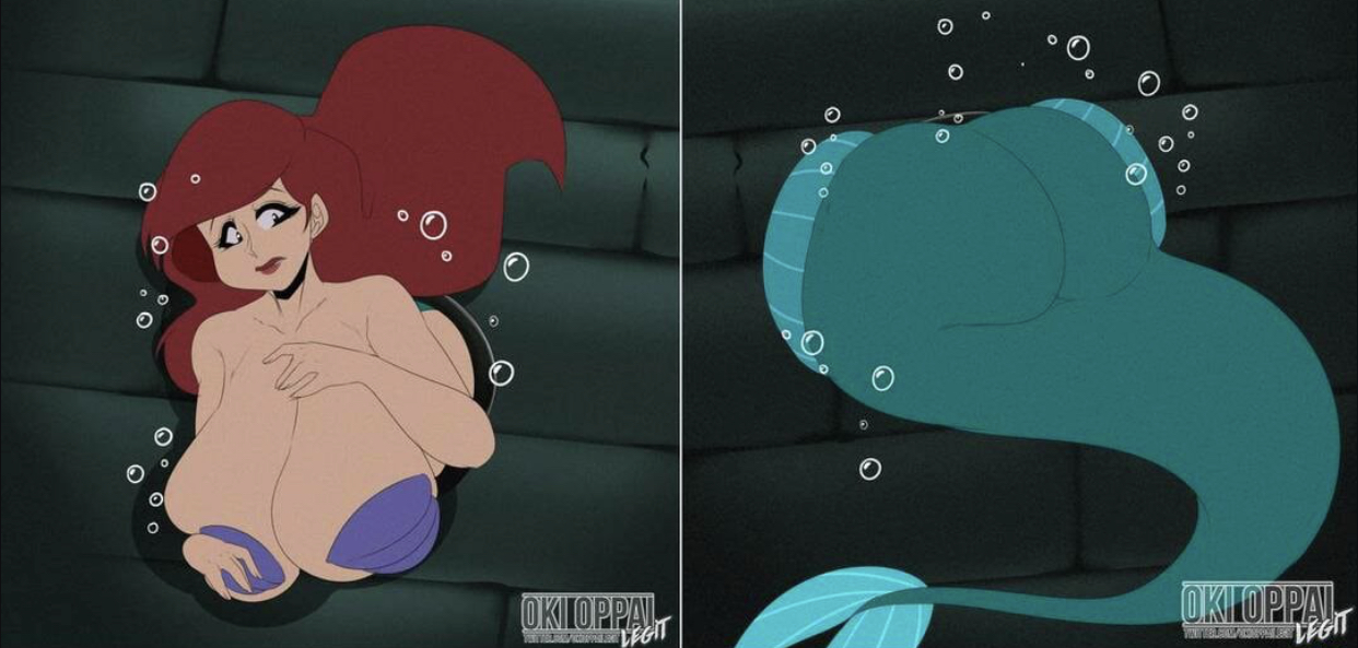 alternate breast size, ariel, ass, big ass, big breasts, breasts, bubble ass, bubble butt, disney, disney princess, female, gigantic breasts, huge ass, huge breasts, long eyelashes, merfolk, mermaid, milf, okioppai, pasties, red hair, red lipstick, shell bikini, stuck, the little mermaid, thick ass, voluptuous