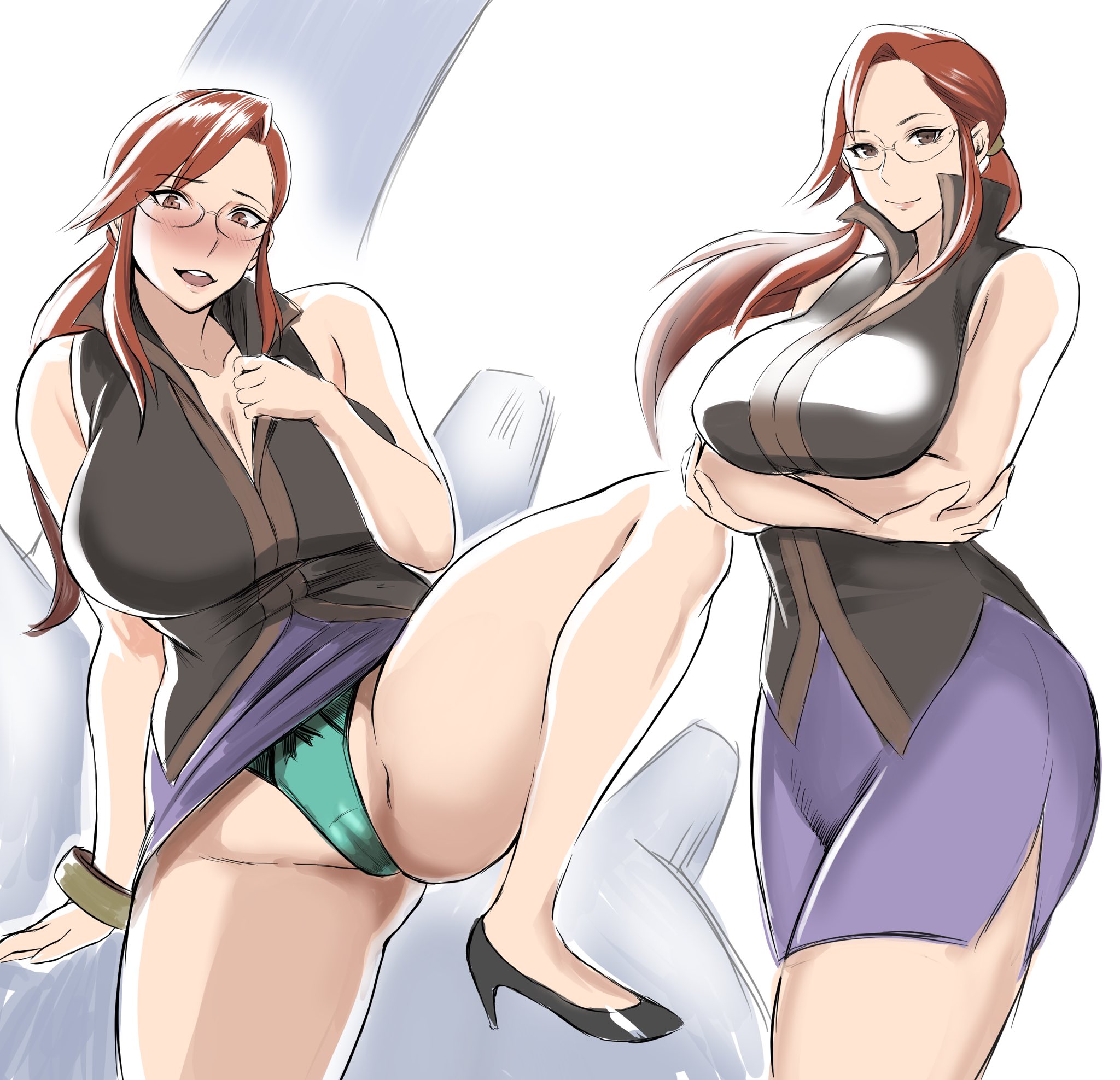 1girls, alternate breast size, ass, big ass, big breasts, bracelet, breasts, cameltoe, crossed arms, elite four, eye contact, female, glasses, green panties, hair tie, high heels, huge breasts, human, human only, lapras, large breasts, looking at viewer, lorelei (pokemon frlg), lorelei (pokemon), mature, nintendo, office lady, panties, pencil skirt, pokemon, pokemon frlg, pokemon rgby, pussy, red hair, shibusun, shirt, shoes, skirt, solo, spread legs, thick thighs, tight skirt, wide hips