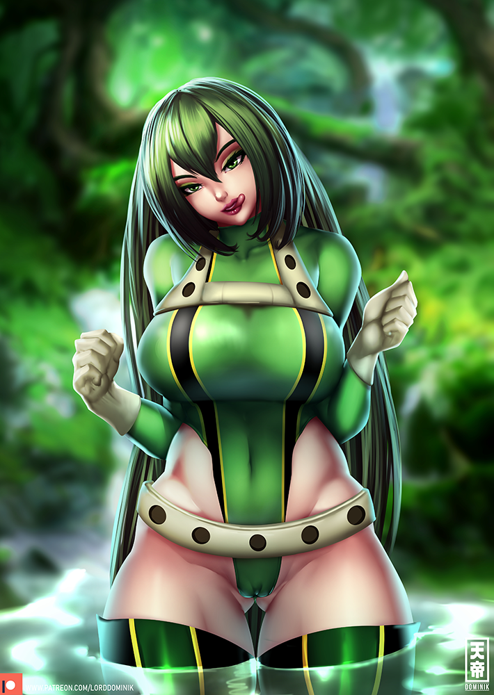 1girls breasts cameltoe cleavage female female_only hero_outfit_(mha) huge_breasts light-skinned_female light_skin looking_at_viewer lord_dominik my_hero_academia solo thick_thighs thigh_gap tongue tongue_out tsuyu_asui wide_hips