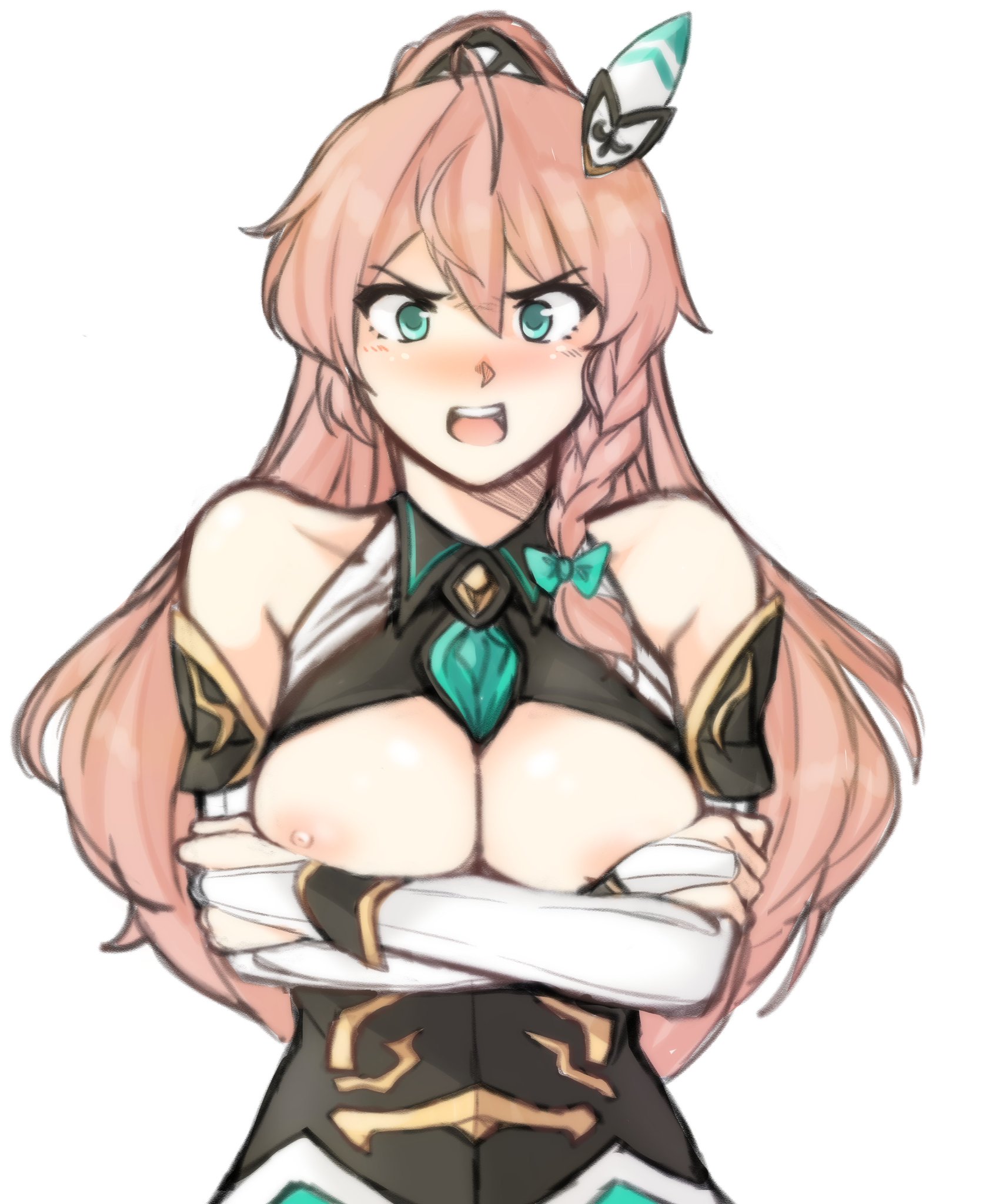 angry, arms crossed, arms crossed under breasts, blush, braid, breast squish, breasts, breasts out, crossed arms, cygames, dragalia lost, exposed breasts, female, flustered, louise (dragalia lost), pink hair, ponytail, tridisart