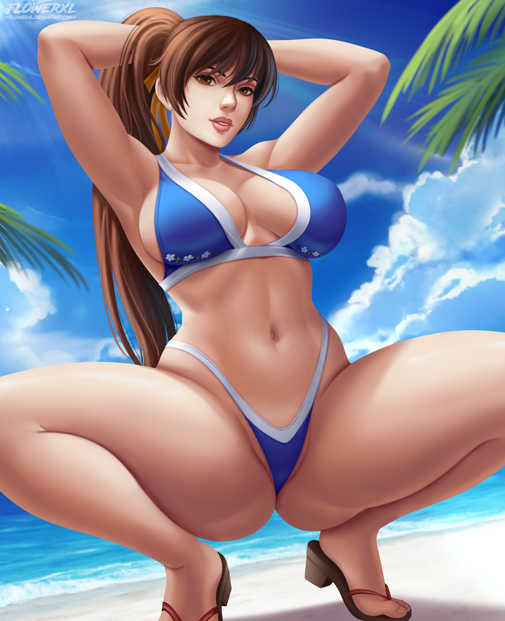 1girls, alluring, big breasts, bikini, breasts, cleavage, dead or alive, female, female only, flowerxl, human, human only, kasumi (doa), large breasts, looking at viewer, solo, spread legs