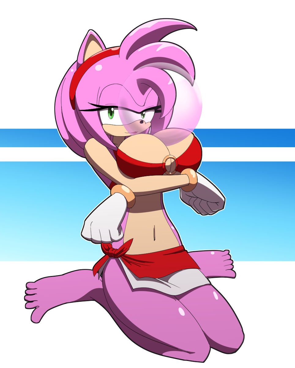 1girls amy_rose anthro big_ass big_breasts blowing_bubblegum cleavage hourglass_figure kojiro-brushard sega solo solo_female sonic_(series)