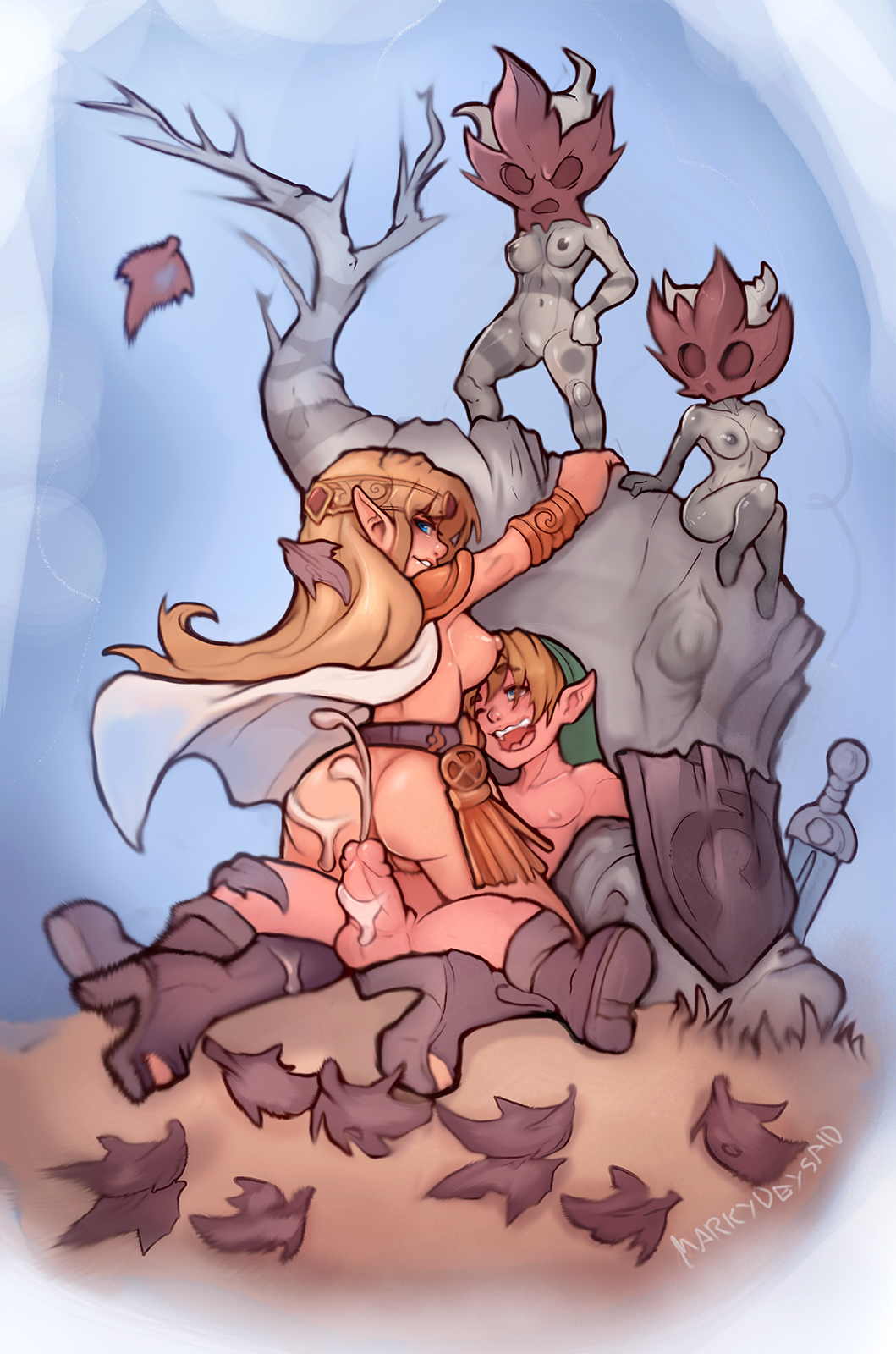 1boy 3girls a_link_to_the_past after_sex areolae artist_name ass autumn big_ass big_breasts blonde_hair blue_eyes breasts cowgirl_position cum cumshot duo_focus edging ejaculation erection female femdom hair high_heel_boots high_heels hylian korok korok_female link long_hair male markydaysaid multiple_girls nintendo nipples ocarina_of_time penis pointy_ears princess princess_zelda pussy ruined_orgasm shield signature straight tease teasing the_legend_of_zelda tree video_games young_link zelda_(a_link_to_the_past)