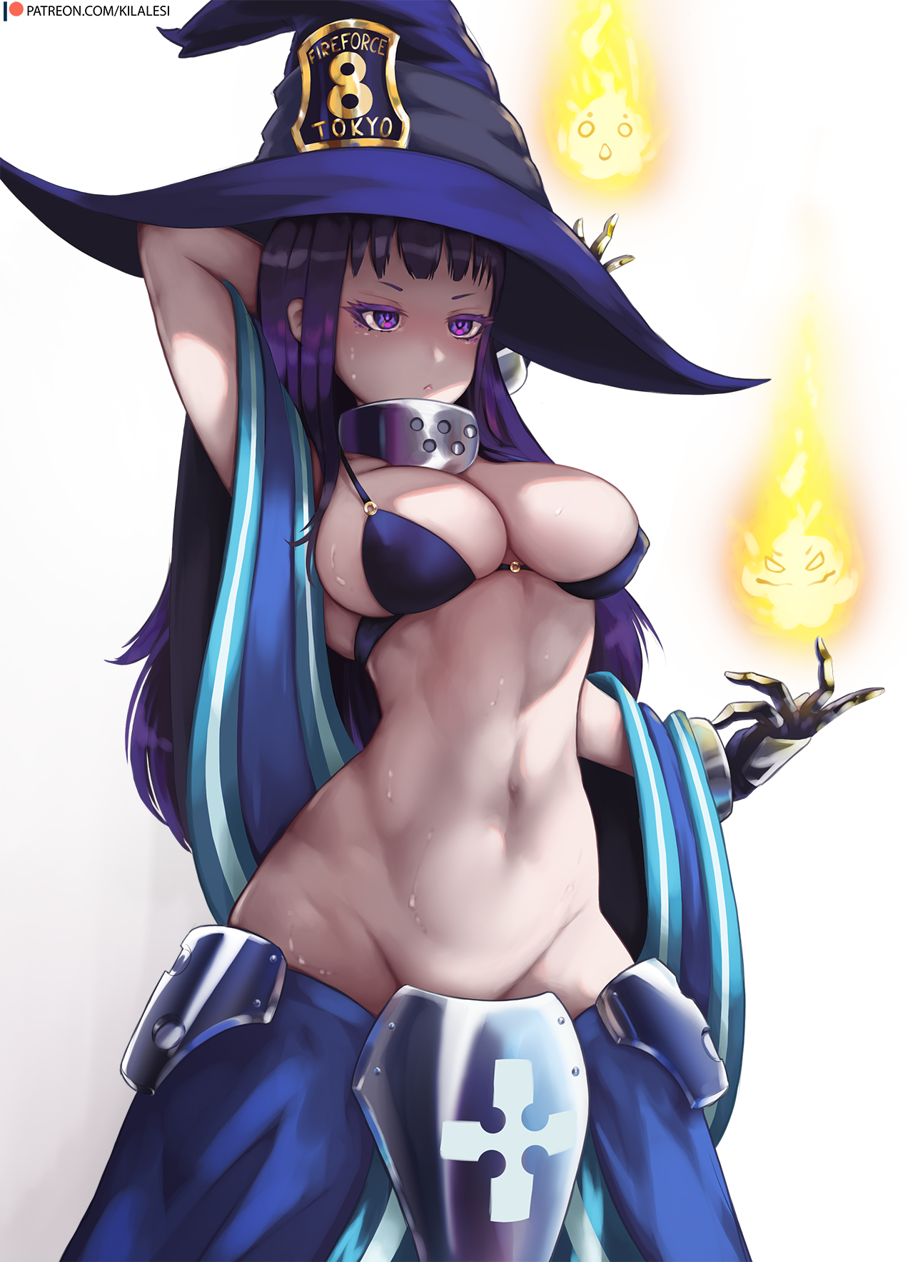 1girls, abs, big breasts, black hair, breasts, cleavage, enen no shouboutai, female, female only, fire, fire force, flat belly, hips, hourglass figure, kilalesi, large breasts, oze maki, plain background, solo, solo female, stomach, sweat, white background, wide hips