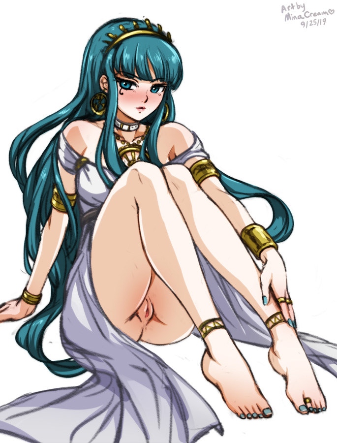 1girls anklet artist_name barefoot cleopatra_(fate) dated exposed_pussy fate/grand_order fate_(series) feet female female_only green_eyes green_hair long_hair minacream nail_polish pussy signature solo toe_ring