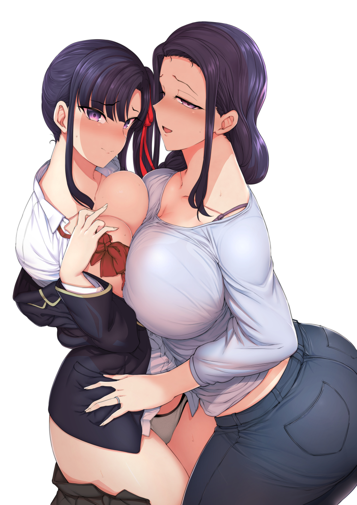2girls, aiue oka, ass, big ass, breast press, breasts, dark blue hair, female, huge breasts, long hair, looking at viewer, mature female, milf, miyajima sakura, miyajima tsubaki, mother and daughter, naughty face, saimin seishidou, school uniform, simple background, white background