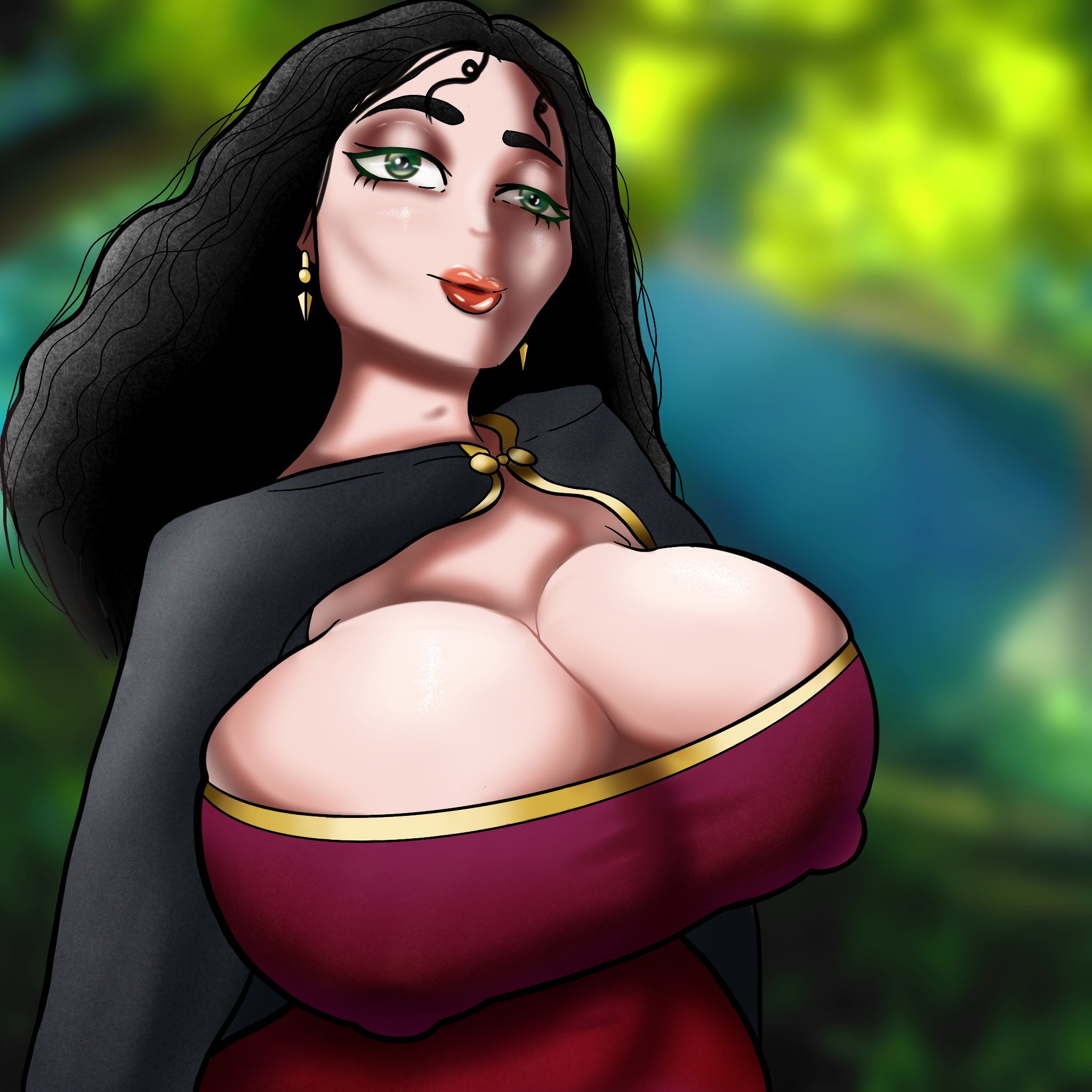 big breasts, black hair, breasts, clothed female, clothing, disney, dress, erect nipples, erect nipples under clothes, female, female focus, female only, huge breasts, long hair, mature female, mother gothel, nipples, nipples visible through clothing, solo, solo female, solo focus, tangled, tommogachi