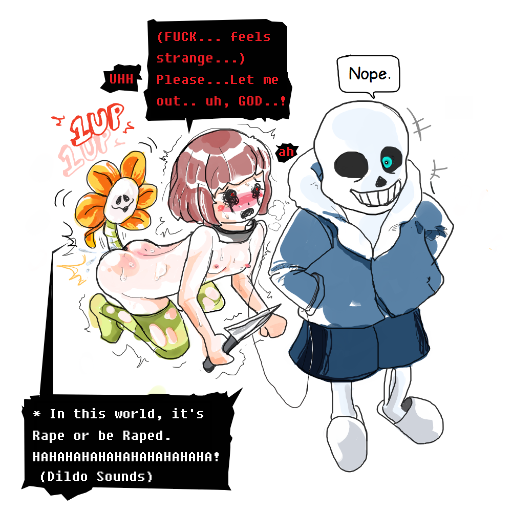 breasts, chara, crying, female, female chara, flowey the flower, forced, human, knife, rape, sans, sex, slave, small breasts, smile, sweating, tagme, undertale, undertale (series)