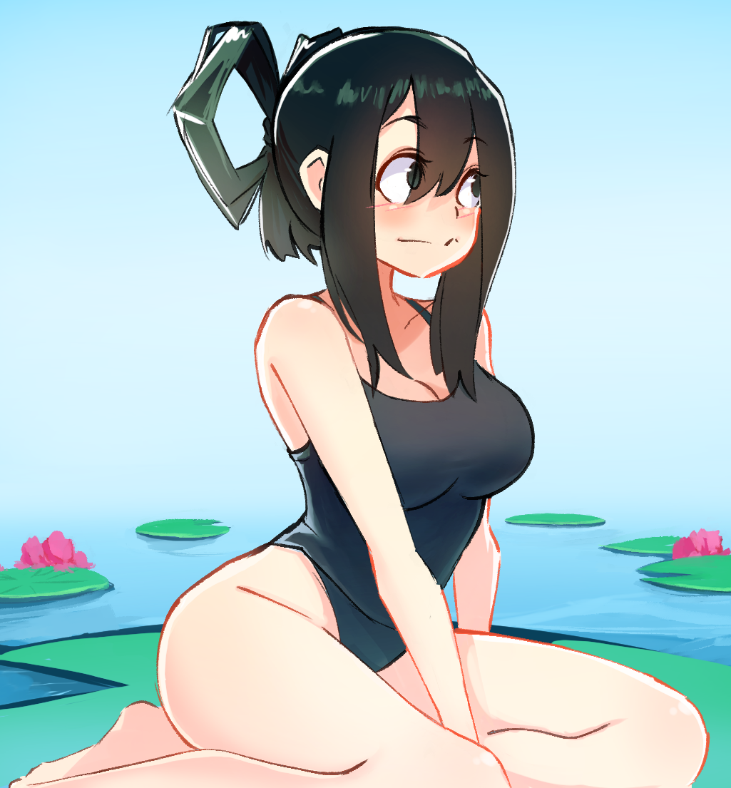 1girls bangs barefoot blush breasts cleavage coolisushi feet female female_only green_hair hair_between_eyes large_breasts light-skinned_female light_skin lily_pad my_hero_academia one-piece_swimsuit sitting solo swimsuit toes tsuyu_asui