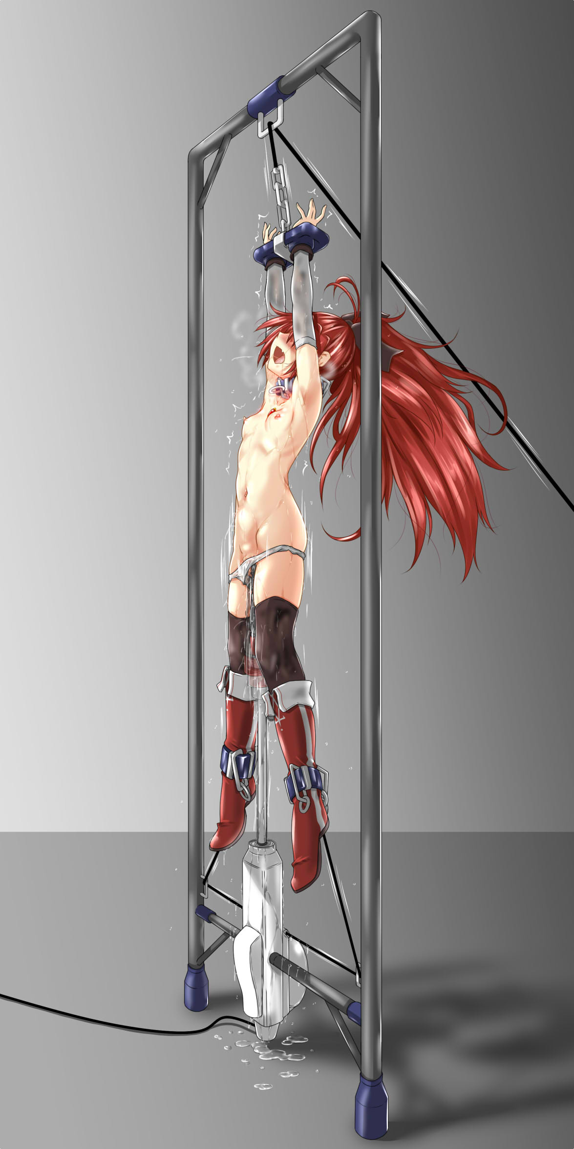 ankle_cuffs arms_above_head black_legwear bondage boots bound bound_wrists breasts censored chains collar cuffs detached_sleeves eyebrows_visible_through_hair female female_only femsub full_body fumihiro head_back helpless highres long_hair magical_girl mahou_shoujo_madoka_magica naked_boots naked_footwear nipples nude object_insertion open_mouth panties panty_pull ponytail red_fooggtwear red_hair restrained sakura_kyouko saliva screaming sex_machine small_breasts solo soul_gem stationary_restraints struggling suspension sweat thighhighs trembling underwear upright_restraints