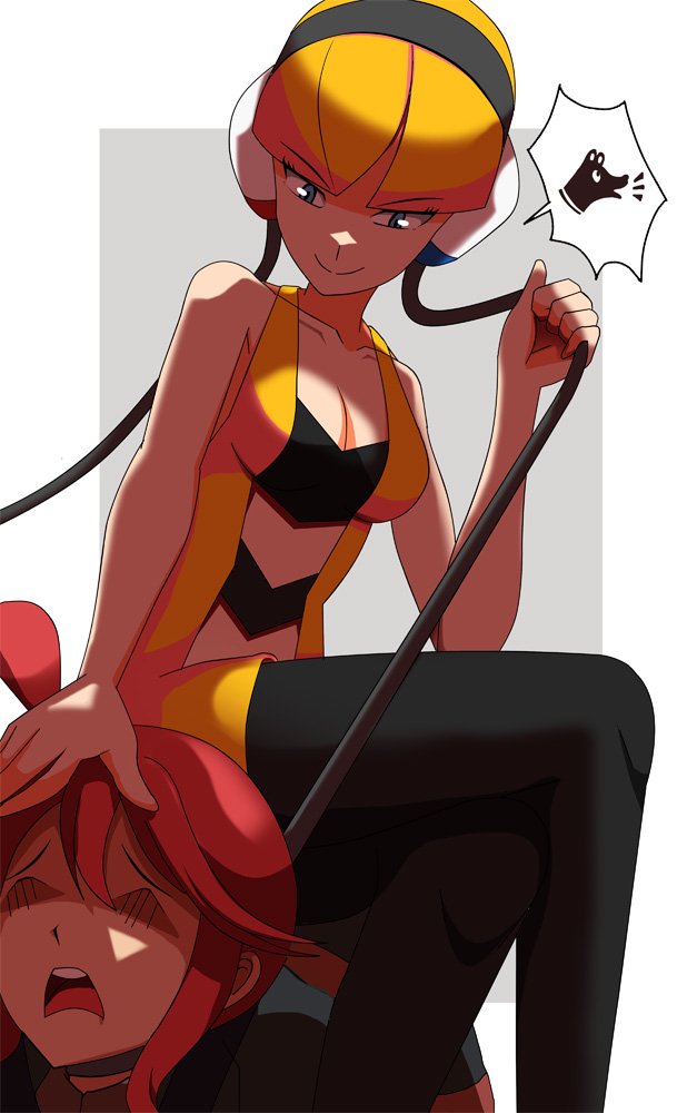 2girls, all fours, blonde hair, blue eyes, breasts, clothed female, elesa (pokemon bw), elesa (pokemon), female, female only, headphones, leash, medium breasts, multiple females, multiple girls, nintendo, pet play, petplay, pokemon, pokemon bw, pokemon bw2, red hair, short hair, skyla (pokemon), speech bubble, vivivoovoo, yuri
