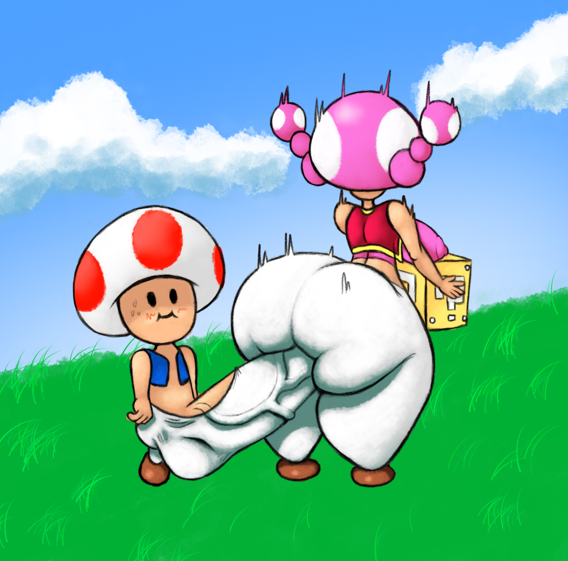 ? block, 1boy, 1girls, ass, back, back view, backboob, bare shoulders, big ass, big breasts, big butt, big penis, blush, breasts, clouds, curvy, female, grass, huge ass, huge butt, huge cock, huge penis, hyper penis, large ass, large penis, larger female, male, mario (series), midriff, mushroom, nintendo, nipples visible through clothing, outdoors, outside, pale skin, pants, penis, pigtails, shirt, shoes, small but hung, smaller male, straight, super mario bros., surprised, thick, thick thighs, thighs, toad (mario), toadette, touching penis, veiny penis, vest, wide hips, xytora