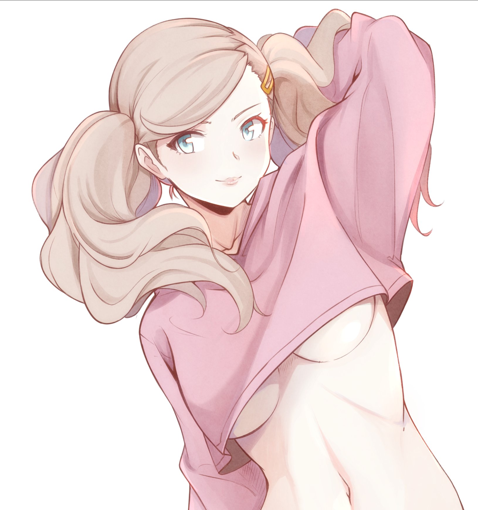 1girls, ann takamaki, blue eyes, breasts, clothed, clothing, female, hairclip, persona, persona 5, pink shirt, platinum blonde hair, senacolada, shirt, solo, twintails, underboob