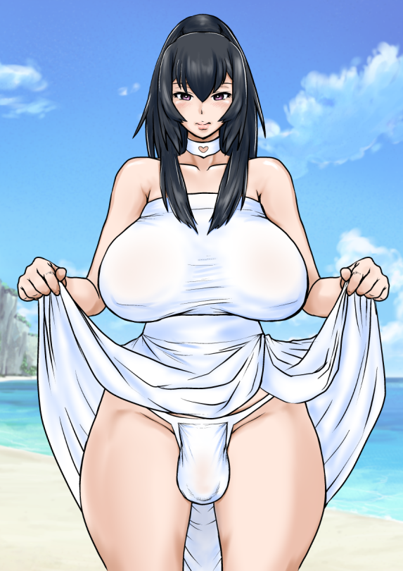 1futa big_breasts black_hair blush bulge curvy dickgirl dress futa_only futanari huge_breasts kswazza kyuryu_ruiko_(kswazza) package purple_eyes revealing_clothes solo voluptuous white_panties