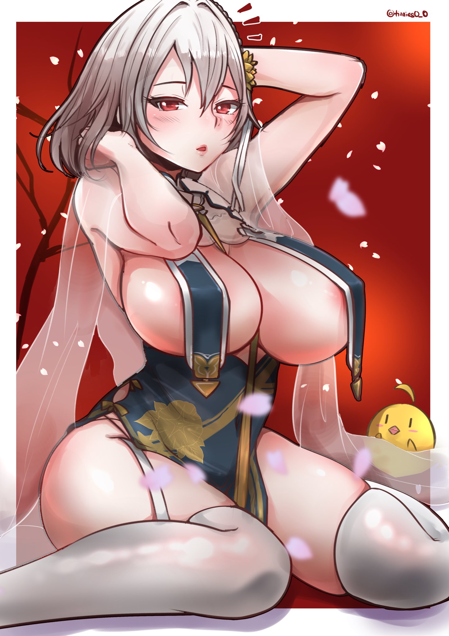 1girls, azur lane, breast curtains, breasts, cleavage, female, female only, huge breasts, looking at viewer, sirius (azur lane), solo, thighhighs, tinnies
