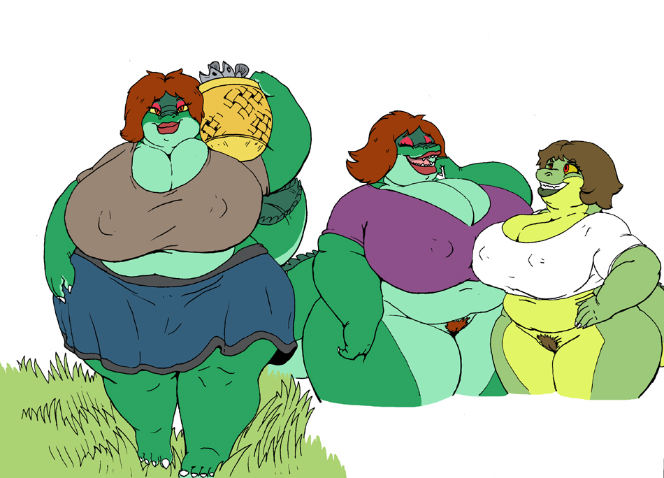 anthro big_breasts bottomless breasts cleavage clothed clothing crocodile crocodilian crocodylid female genitals huge_breasts overweight pubes pussy rachelle_(vdisco) reptile scalie thick_thighs vdisco wide_hips