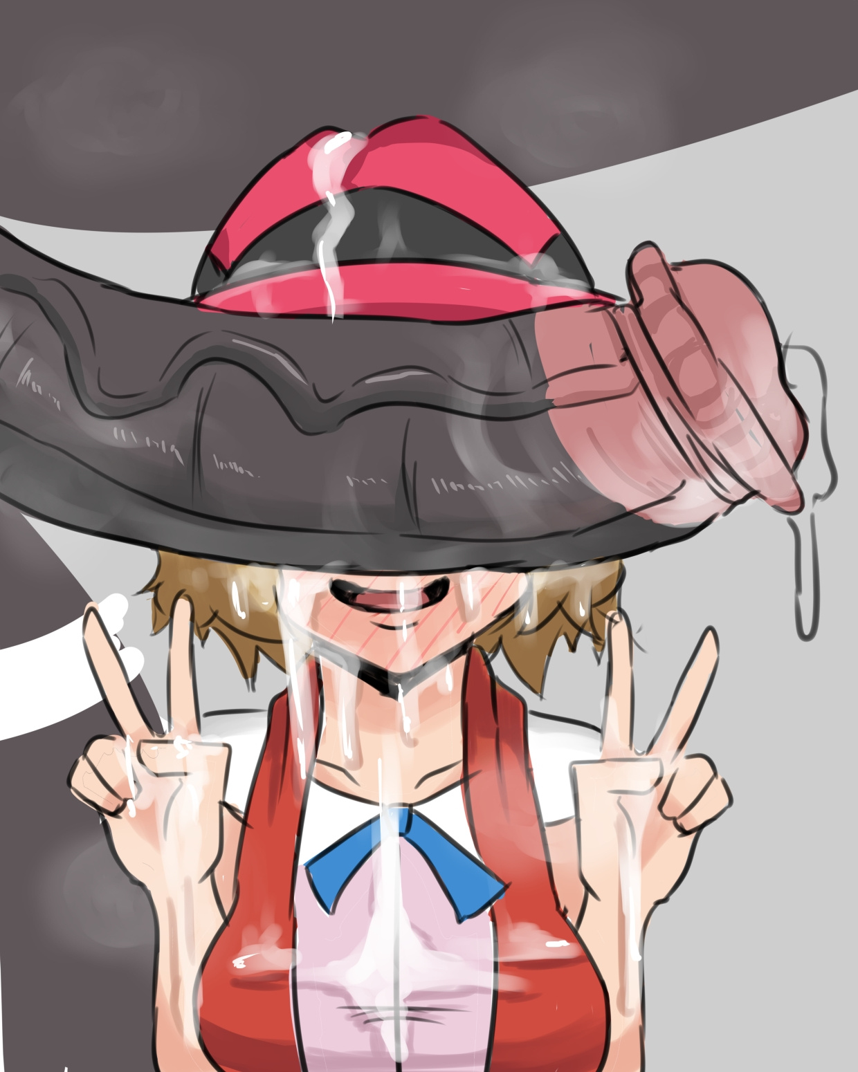 1boy, 1girls, belly, bestiality, big penis, blue ribbon, blush, breasts, brown hair, cant see the haters, clothed female nude male, cock worship, cum, cum everywhere, cum on breasts, cum on clothes, cum on face, cum on upper body, double peace sign, double v, ejaculation, equine, equine penis, erection, facial, female, female human, femsub, feral, feral on female, grey background, hat, horse penis, horsecock, huge cock, human, interspecies, large penis, larger male, male, male pokemon, male pokemon/female human, male/female, maledom, nintendo, peace sign, penis, penis awe, penis on face, penis over eyes, pokemon, pokemon bw, pokemon xy, pokephilia, reach025, serena (pokemon), short hair, size difference, sketch, smaller female, smile, source request, thick penis, tongue, v, veins, veiny penis, zebra, zebstrika, zoophilia