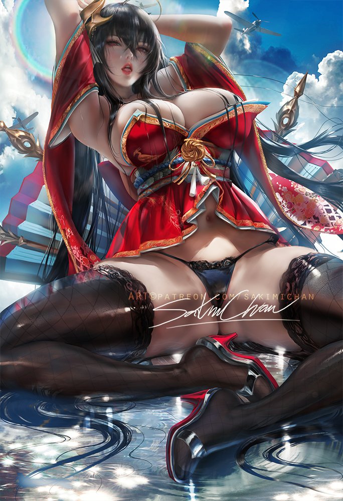 1girls, azur lane, big breasts, breasts, cleavage, female, female only, panties, sakimichan, solo, spread legs, taihou (azur lane), thighhighs