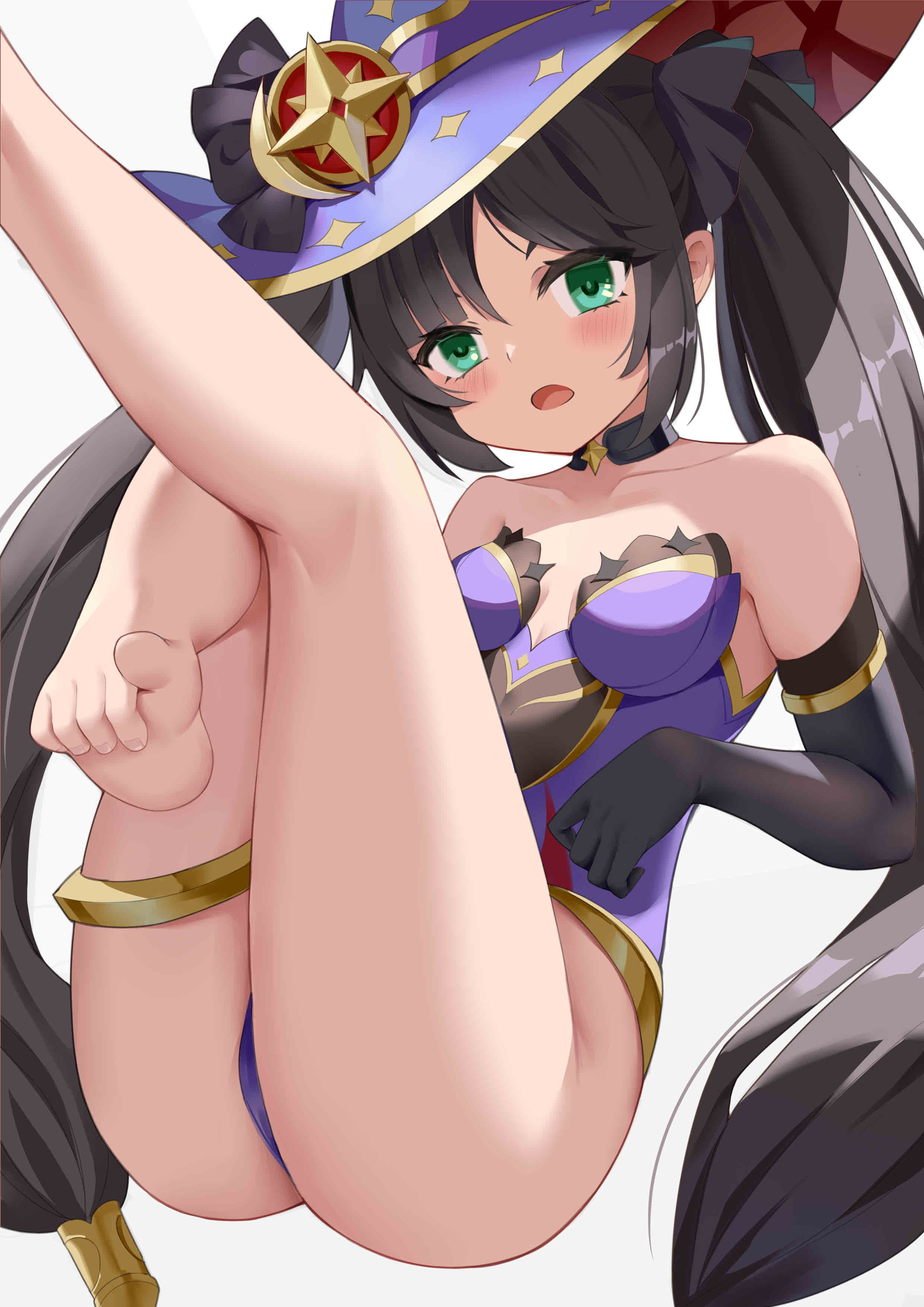 1girls, astrologist, beauty mark, black hair, blue eyes, blush, breasts, feet, female, genshin impact, green eyes, leotard, mole, mole under eye, mona (genshin impact), revealing clothes, small breasts, thick thighs, thighs, toes, twintails