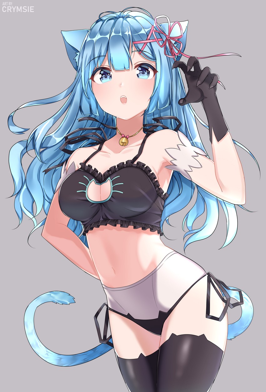 1girls, blue hair, bra, breasts, cat ears, cat girl, cat keyhole bra, cat lingerie, cat tail, catgirl, crymsie, female, looking at viewer, navel, panties, rachel bouvier, re:zero kara hajimeru isekai seikatsu, rem (re:zero), solo, tagme, thighhighs