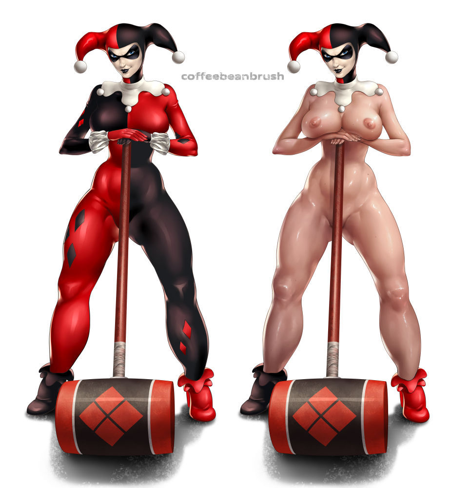 1girls, areolae, batman (series), big breasts, blue eyes, breasts, clothing, coffeebeanbrush, dc, dc comics, female, female only, hammer, harley quinn, harley quinn (classic), large breasts, mallet, mostly nude, naked, naked footwear, naked with shoes on, nipples, nude, solo, thighs