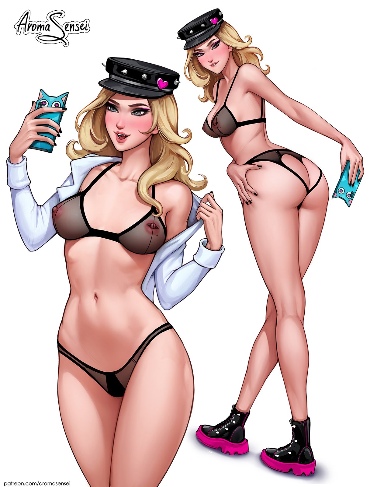 1girls, areolae, aroma sensei, aroma sensei (oc), ass, back view, big ass, biting lip, blonde hair, blue eyes, blush, breasts, clothing, curvy, digital media (artwork), english text, eye contact, eyelashes, female, female focus, female only, front view, hat, hips, legs, light skin, long hair, looking at viewer, looking back, mole on breast, multiple images, multiple views, nail polish, navel, nipple piercing, nipples, original, original character, outfit, parted lips, peaked cap, phone, piercing, pokies, pose, posing, presenting, presenting hindquarters, see-through, see-through bra, self portrait, selfie, shoes, signature, simple background, skimpy, solo, solo female, spiked cap, standing, taking picture, text, thighs, white background