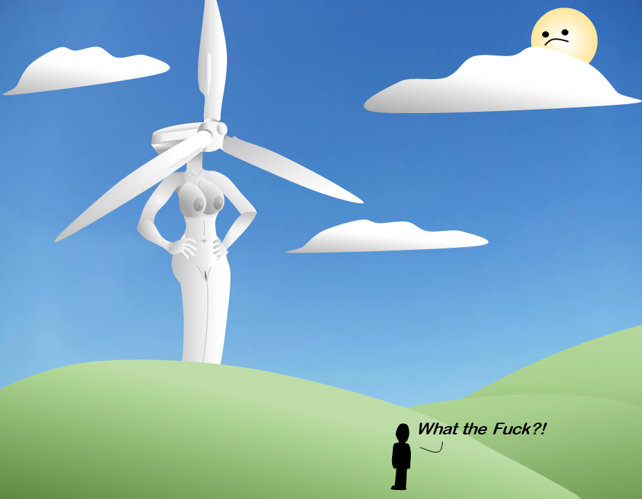 1girls belly_button breasts clouds english_text female hands_on_hips hills inanimate landscape machine morning nipples no_face outside size_difference skinny sky solo_focus sun thegoodiesack vagina white_skin wind_turbine