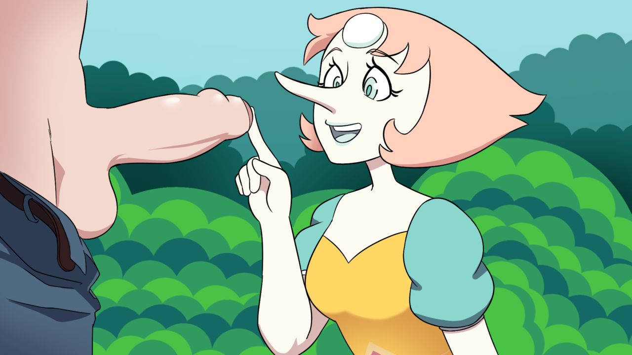 1boy, 1girls, digitalkaiju, female, looking at penis, male, open smile, pearl (steven universe), penis, poking, smile, steven universe, tagme, unseen male face