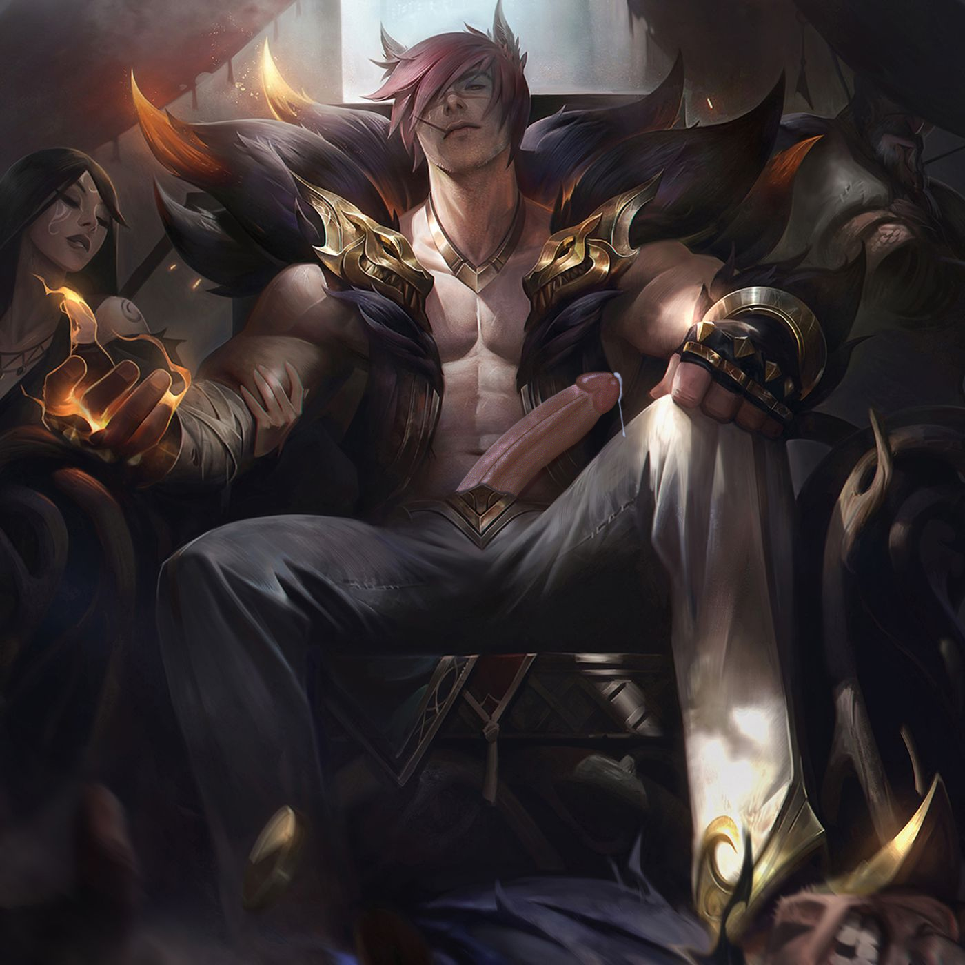 1boy, cum, cumming, edit, league of legends, male, male focus, painting (artwork), pink hair, precum, scar, sett, solo, solo focus, solo male, vastaya