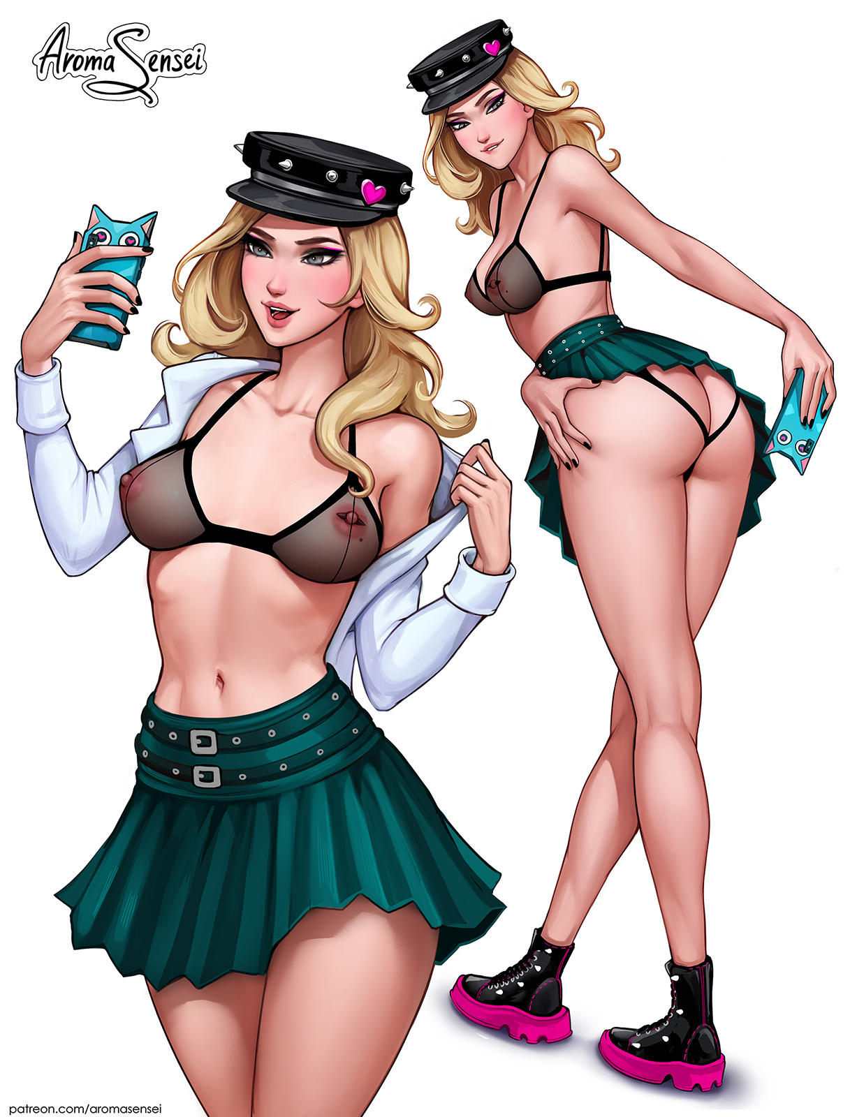 1girls, aroma sensei, aroma sensei (oc), ass, back view, big ass, biting lip, blonde hair, blue eyes, blush, breasts, clothing, curvy, digital media (artwork), english text, eye contact, eyelashes, female, female focus, female only, front view, hat, hips, legs, light skin, long hair, looking at viewer, looking back, mole on breast, multiple images, multiple views, nail polish, navel, original, original character, outfit, parted lips, peaked cap, phone, pose, posing, presenting, see-through, see-through bra, self portrait, selfie, shoes, short skirt, signature, simple background, skimpy, skirt, solo, solo female, spiked cap, standing, taking picture, text, thighs, white background