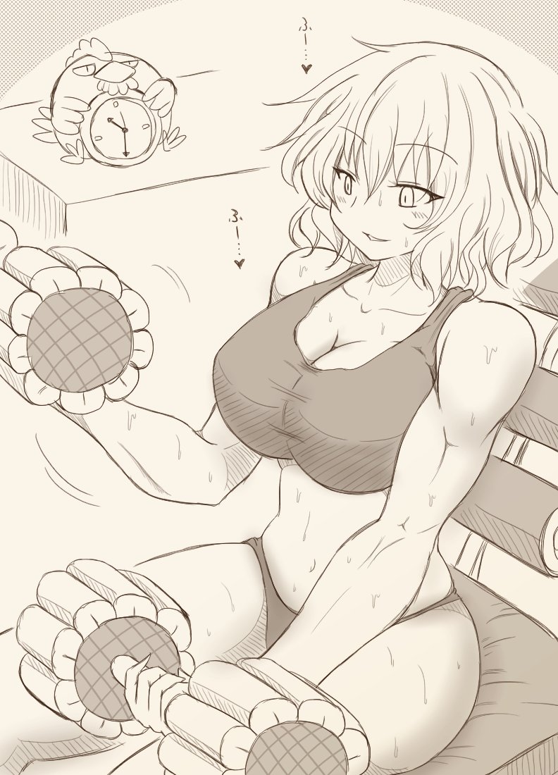 clock large_breasts muscles muscular muscular_female sports_bra sunflowers sweat thong toned toned_female touhou weightlifting weights yuka_kazami