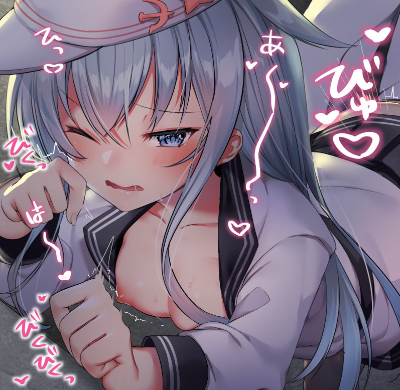 blue_eyes blush breasts collarbone female haiba_09 hair_between_eyes hammer_and_sickle heart hibiki_(kantai_collection) implied_sex kantai_collection long_hair long_sleeves nipples one_eye_closed open_mouth sailor_collar sailor_shirt shirt silver_hair small_breasts solo_focus verniy_(kantai_collection)