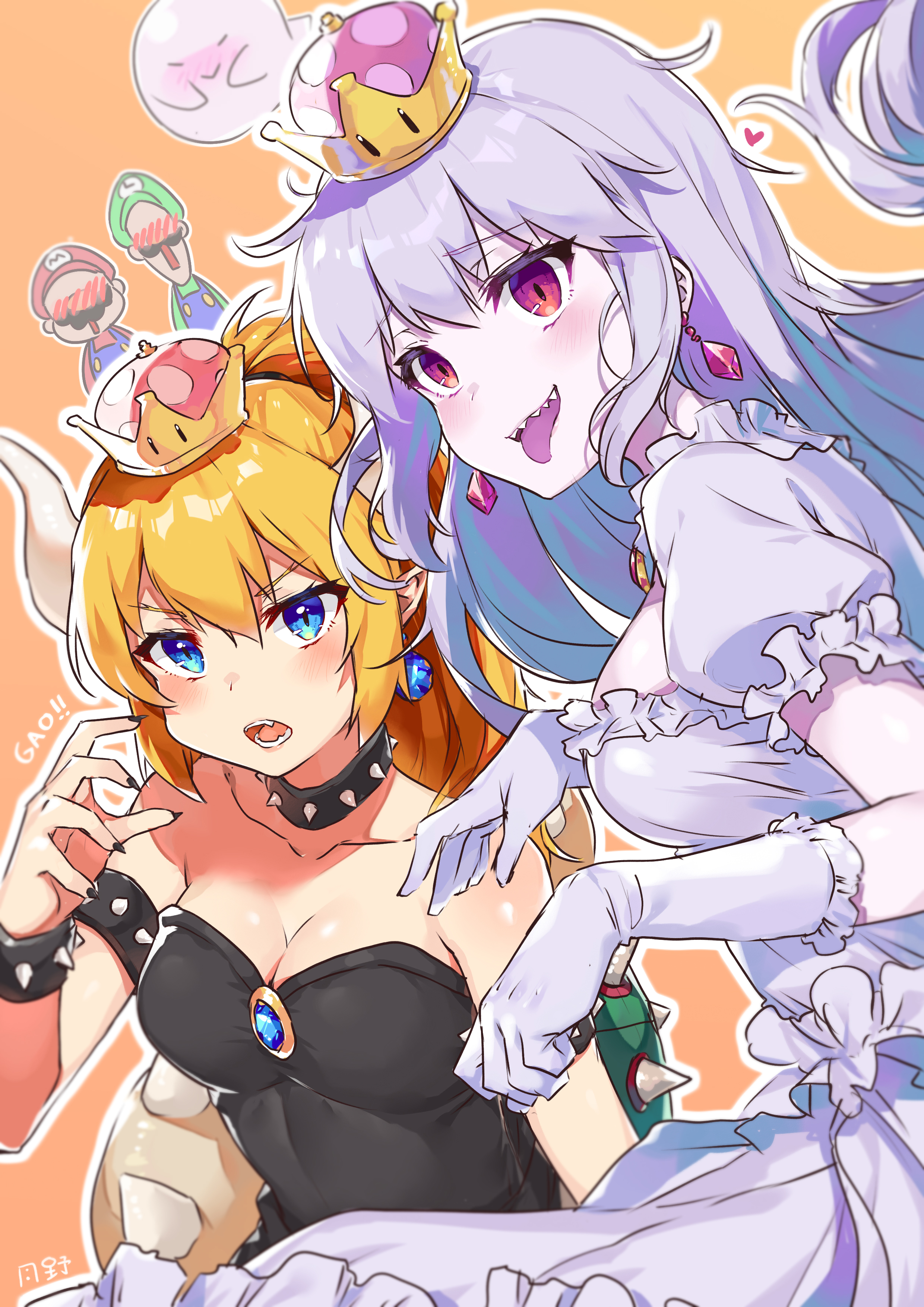 2boys, 2girls, absurdres, artist name, blonde hair, blue eyes, blush, boo (mario), boosette, bowsette, bracelet, breasts, cleavage, collar, collarbone, crown, dress, duo focus, earrings, eyebrows visible through hair, facial hair, female, fully clothed, gloves, green headwear, hat, heart, highres, horns, jewelry, long hair, looking at viewer, luigi, male, mario, mario (series), medium breasts, multiple boys, multiple females, multiple girls, multiple males, mustache, new super mario bros. u deluxe, nintendo, open mouth, orange background, pointy ears, ponytail, purple tongue, red eyes, red headwear, rule 63, short hair, silver hair, simple background, spiked armlet, spiked bracelet, spiked collar, spikes, super crown, super mario bros., tail, tongue, tongue out, tsukino (nakajimaseiki), white dress, white gloves